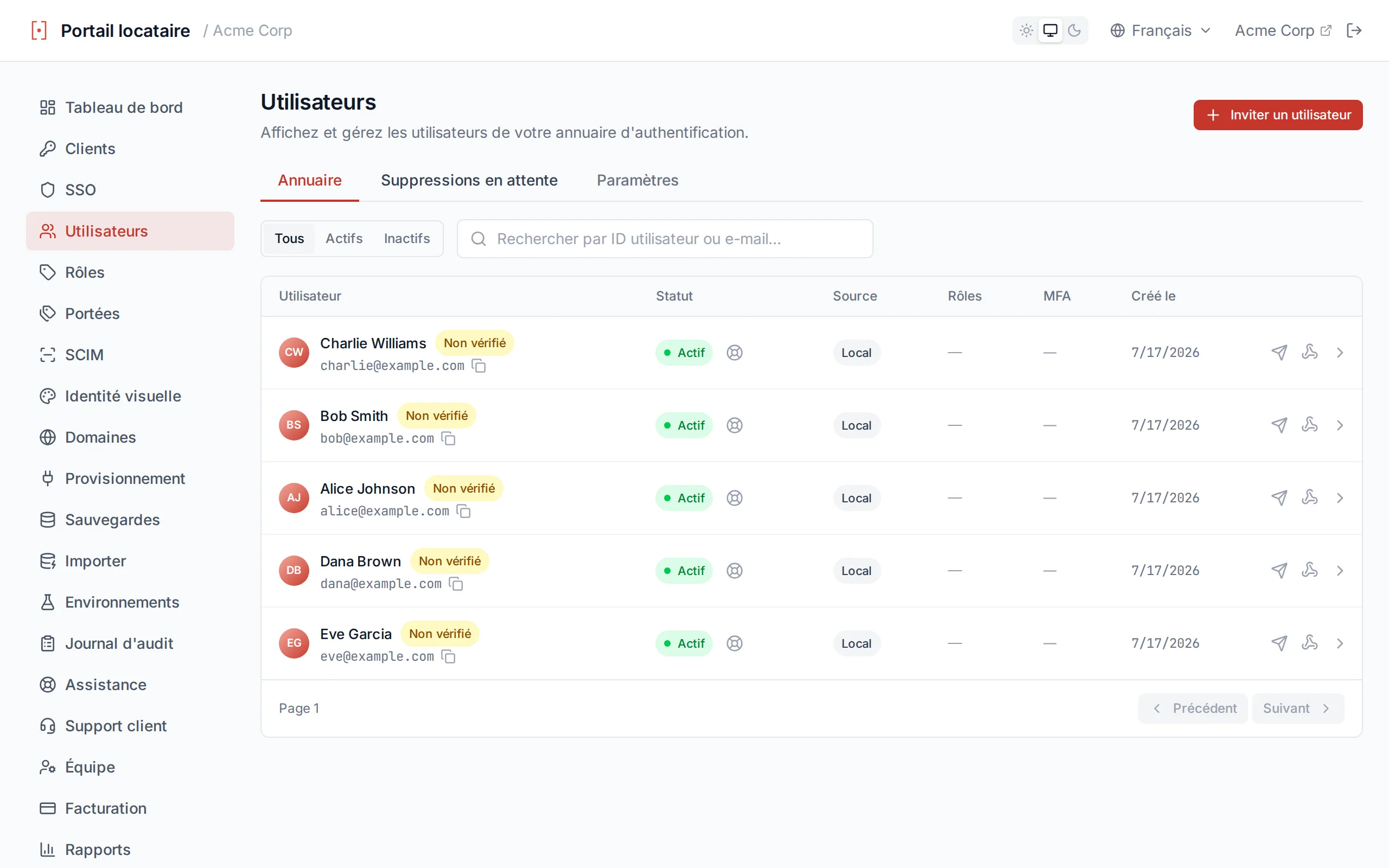 User list table with columns for email, user ID, name, status, MFA, source, and created date