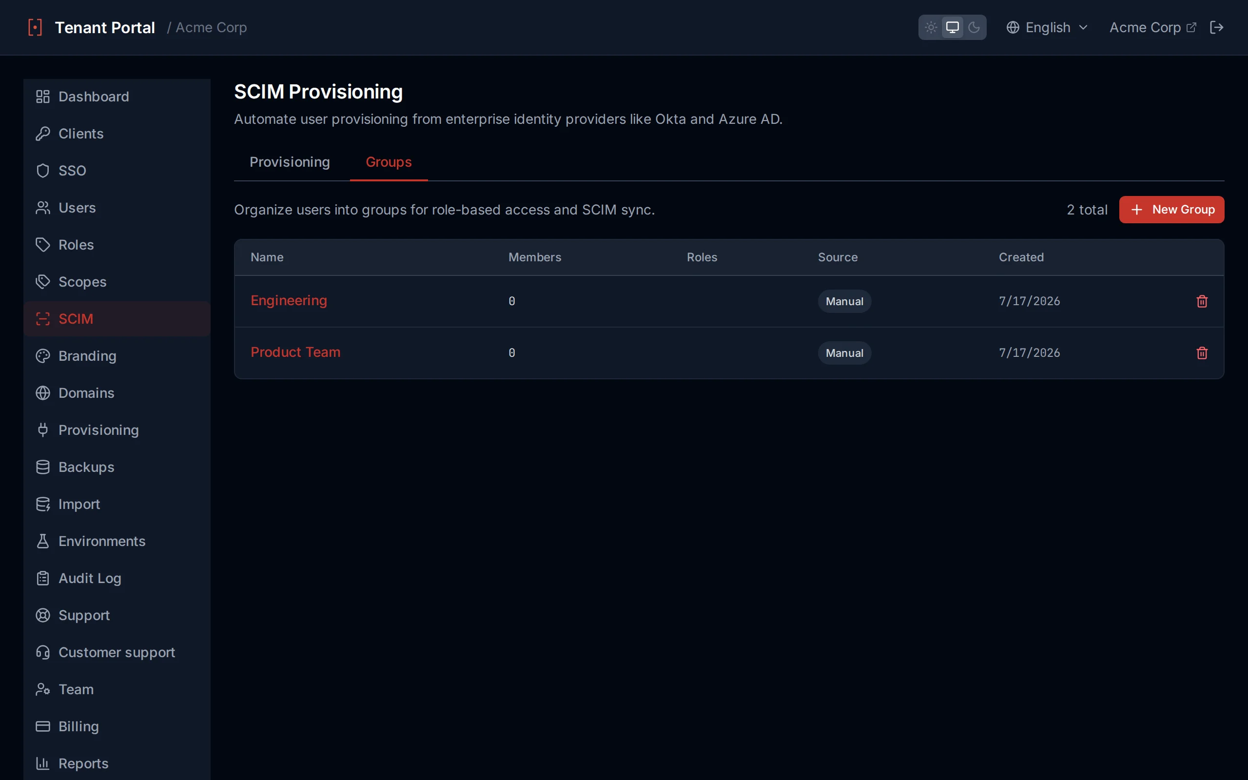 Groups list table showing group name, member count, source badge, and created date