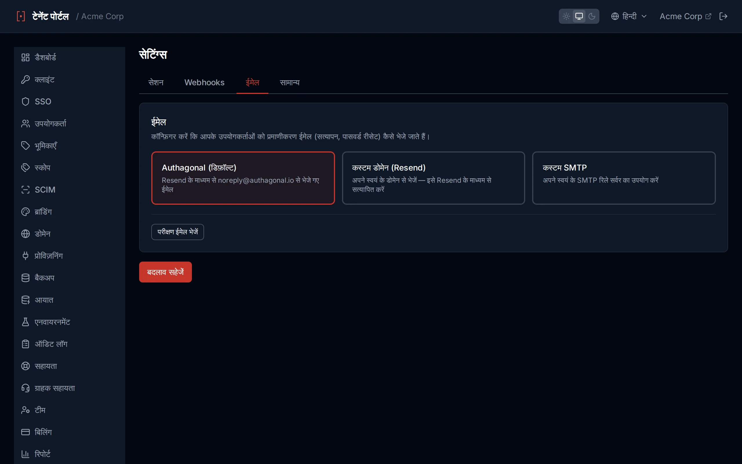 Email settings showing provider options (default, Resend domain, custom SMTP) and a test-send