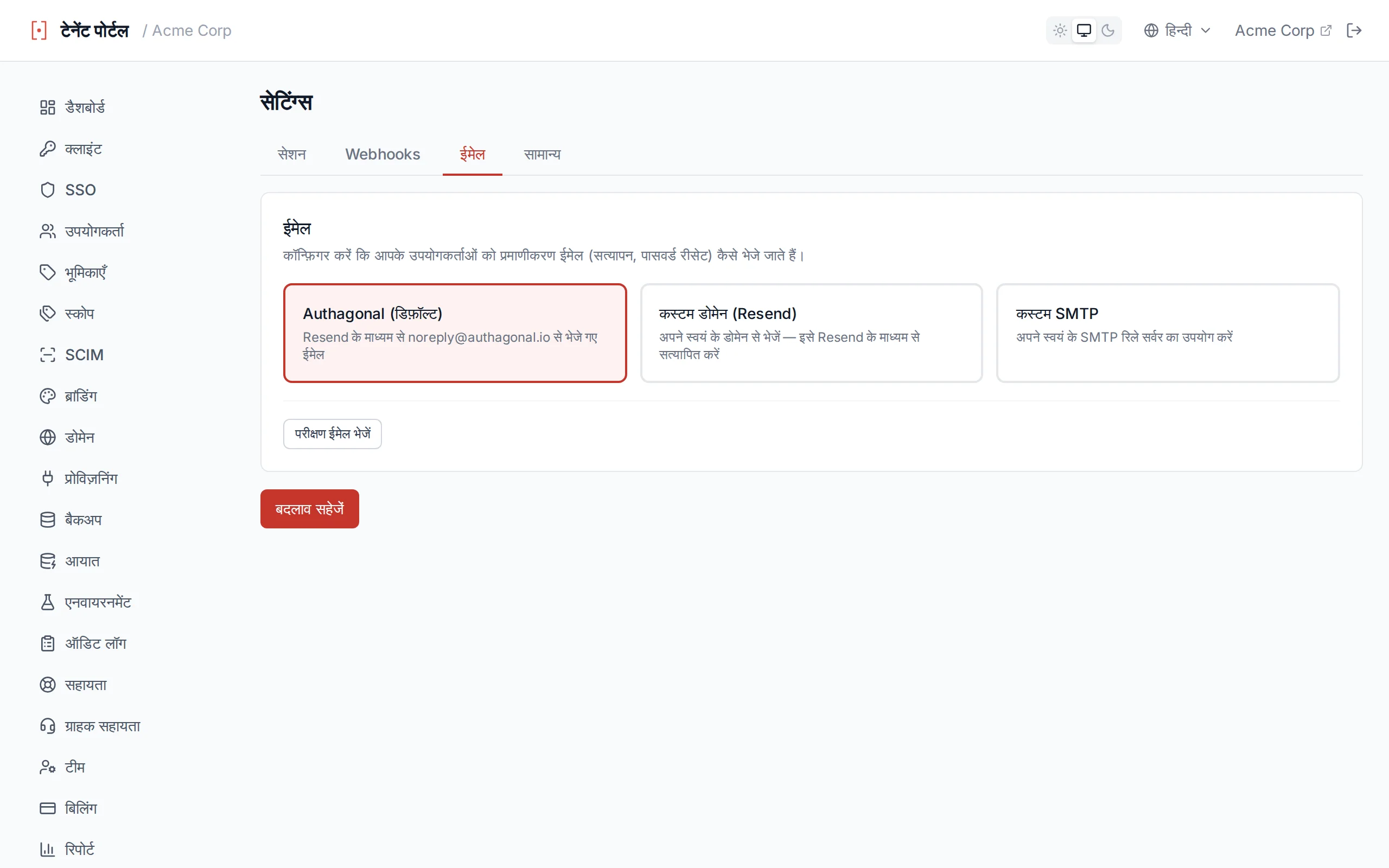 Email settings showing provider options (default, Resend domain, custom SMTP) and a test-send