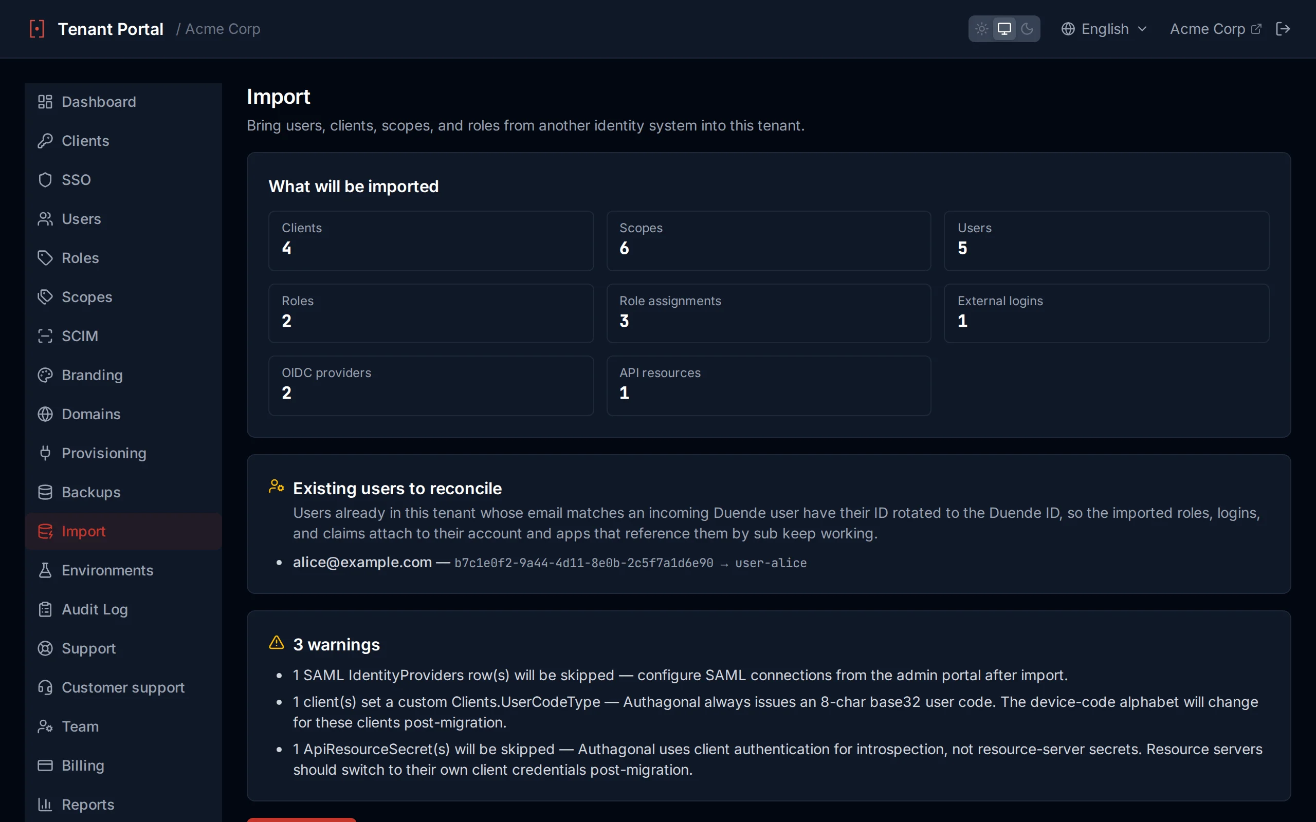 Import preview panel showing entity counts and warnings before committing the import