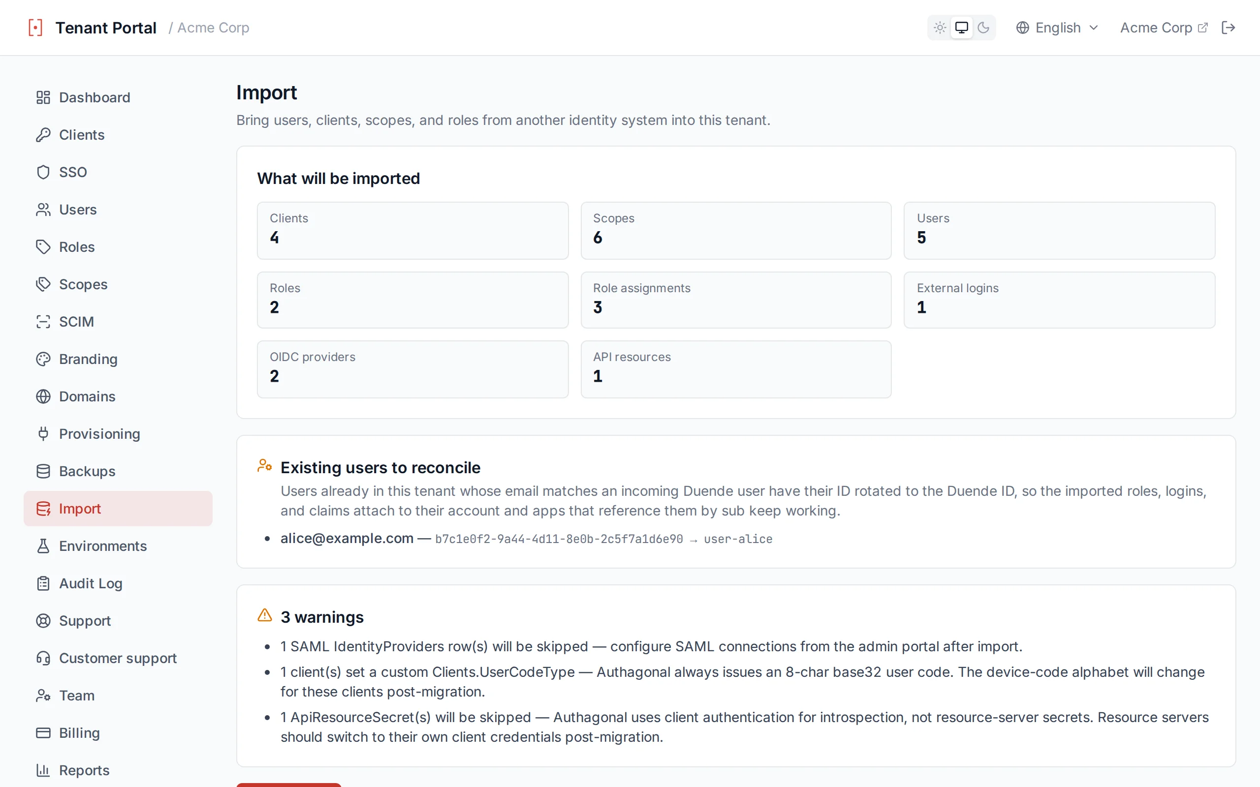 Import preview panel showing entity counts and warnings before committing the import