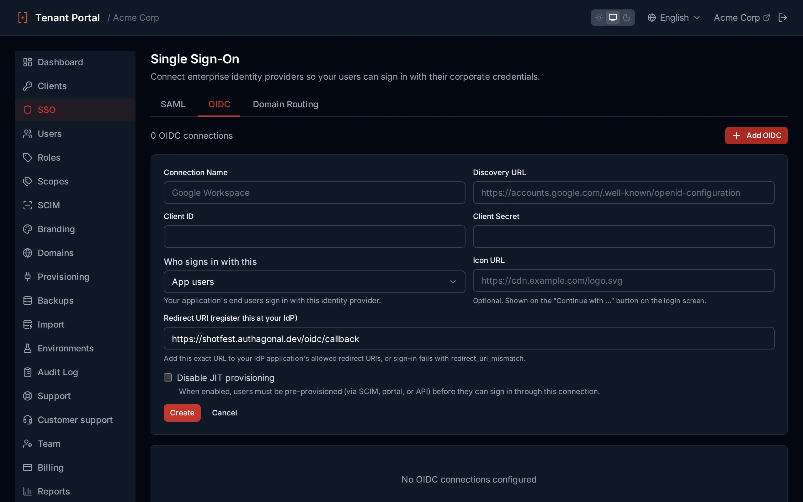 OIDC connection creation form with fields for connection name, discovery URL, client ID, and client secret