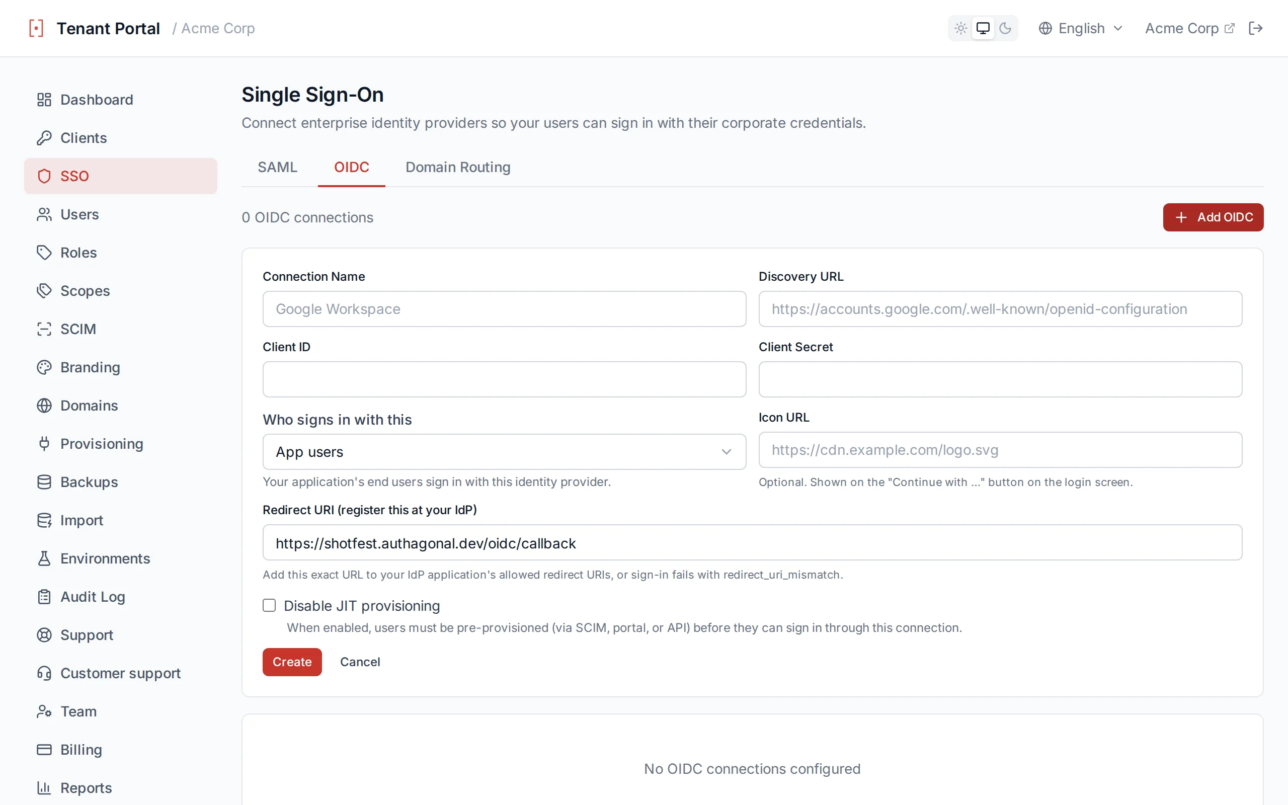 OIDC connection creation form with fields for connection name, discovery URL, client ID, and client secret