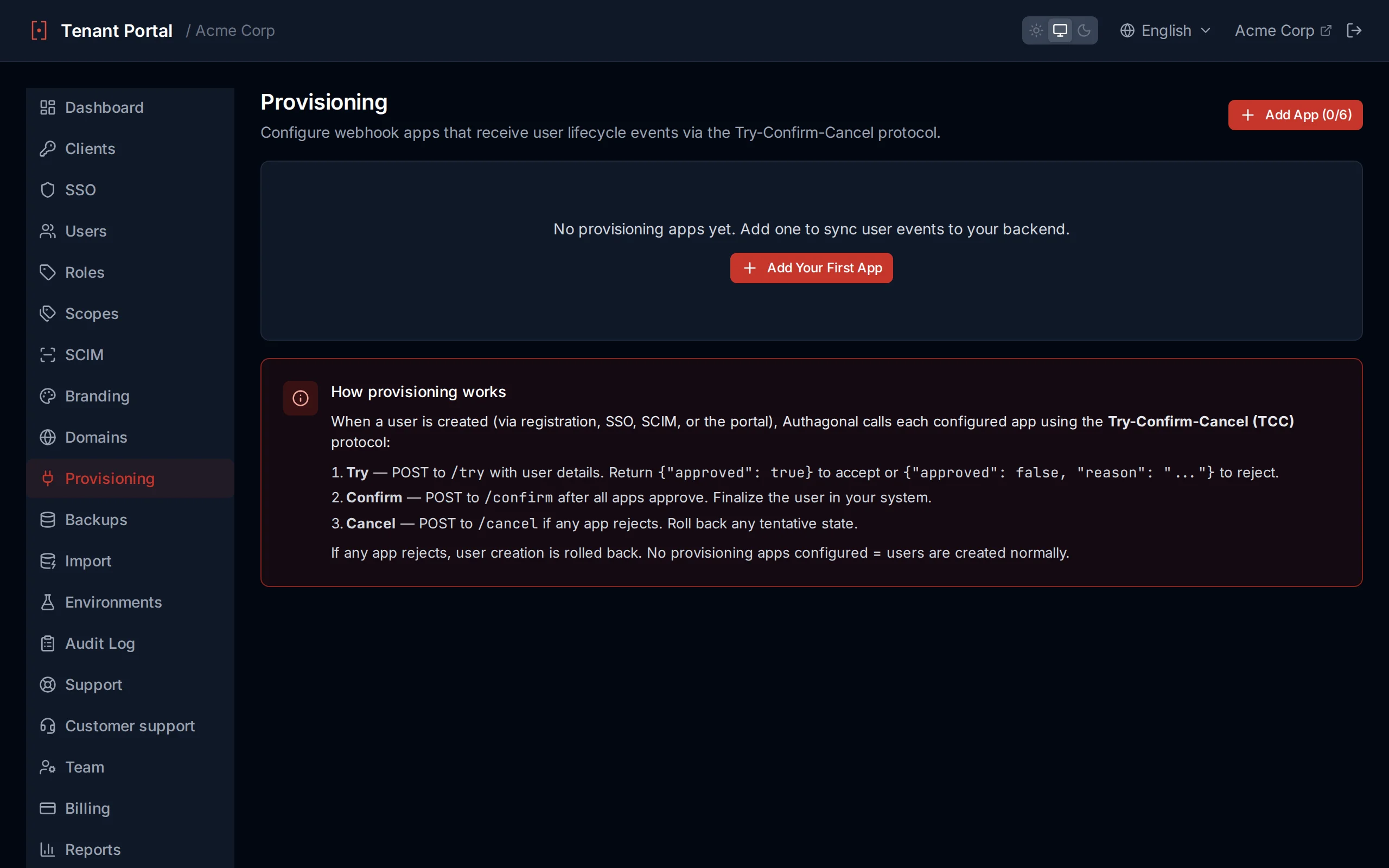 Provisioning apps page showing configured apps with test results displaying HTTP status and response body