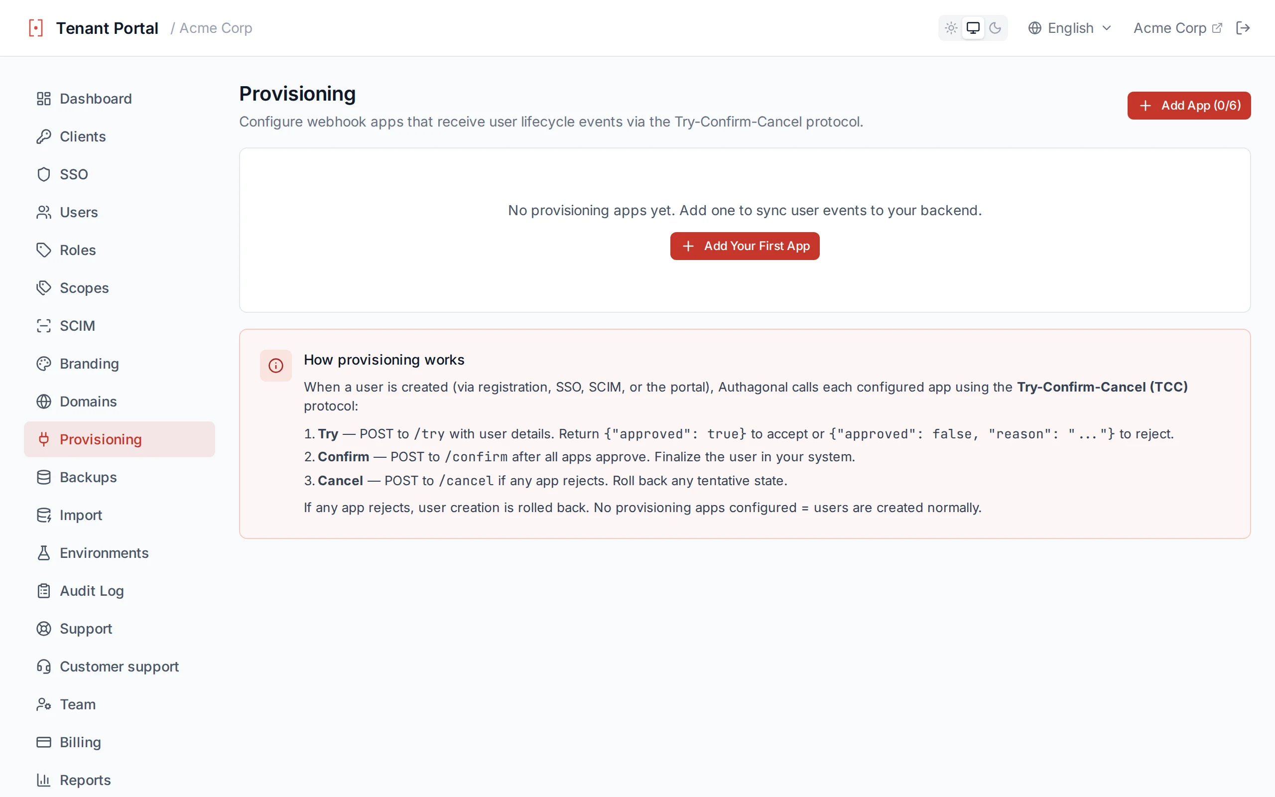 Provisioning apps page showing configured apps with test results displaying HTTP status and response body