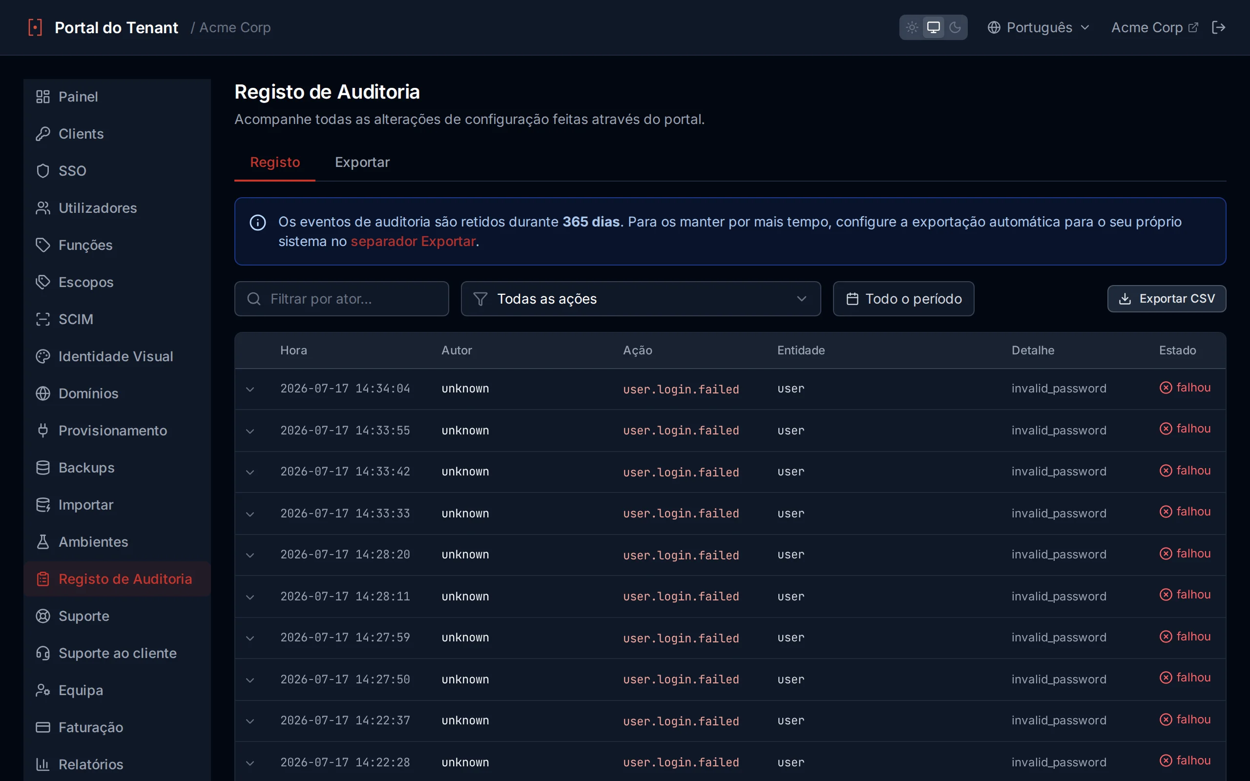 Audit log table showing timestamped administrative actions with actor, action, entity, and detail columns