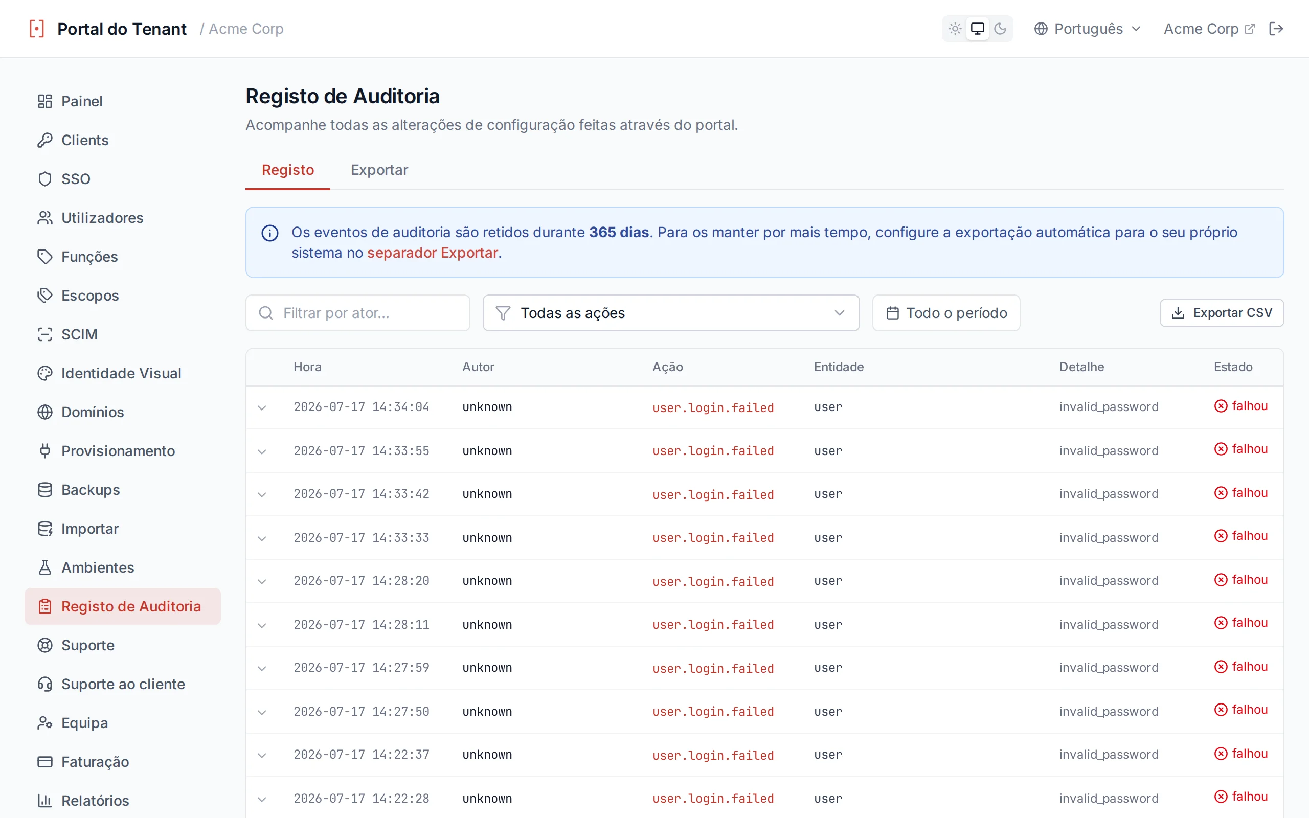 Audit log table showing timestamped administrative actions with actor, action, entity, and detail columns