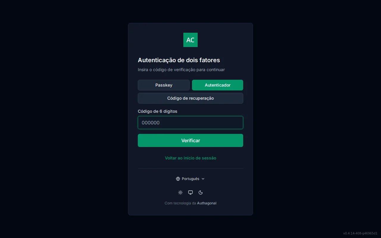 MFA challenge screen with a method switcher, a six-digit authenticator code field, recovery-code entry, and a passkey button