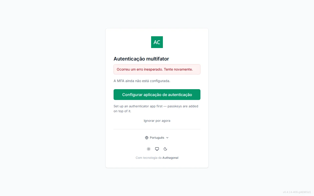 MFA setup screen showing enrolled-method status, authenticator QR code and manual key, passkey enrolment, and recovery-code generation