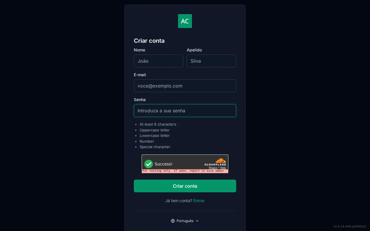 Account registration screen with first and last name fields, email, password, and a live password-policy checklist