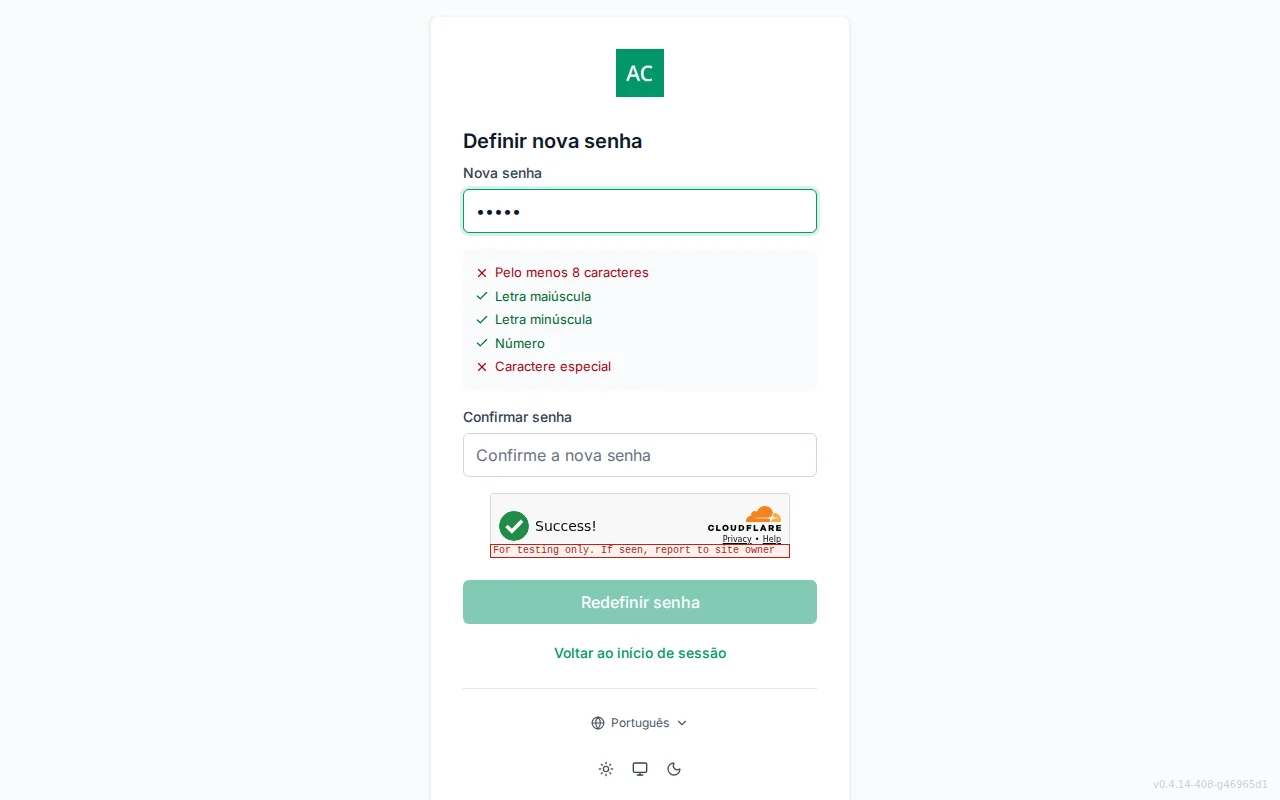 Reset-password screen with new and confirm password fields and a live per-rule requirement checklist