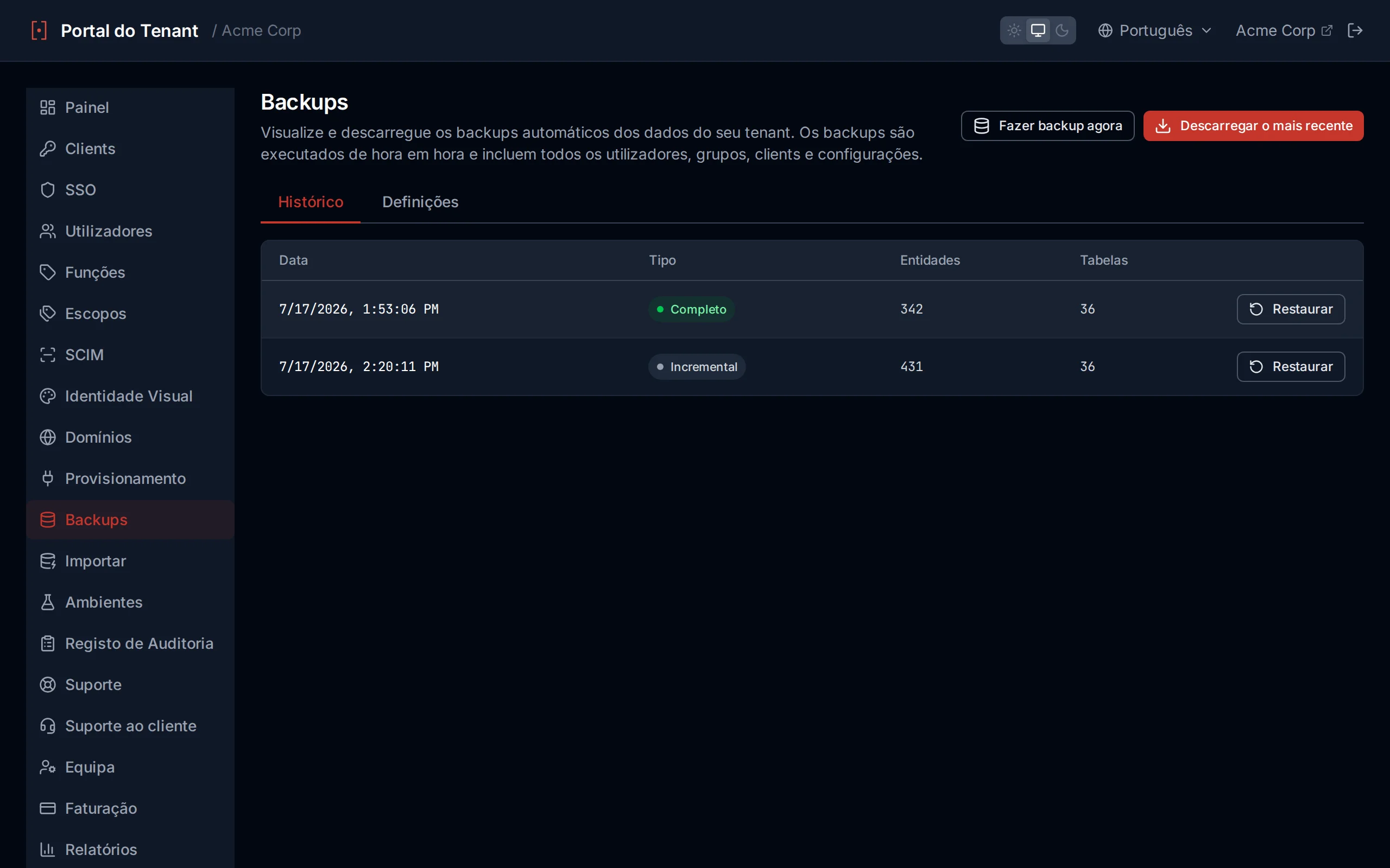 Backups page showing backup history with timestamps, types, and entity counts