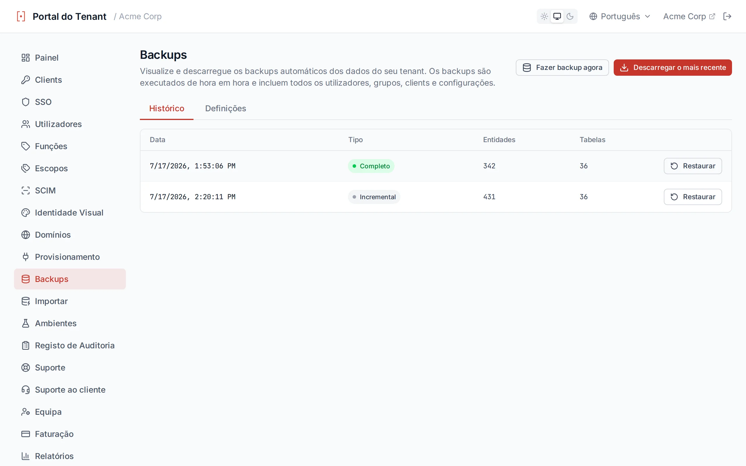 Backups page showing backup history with timestamps, types, and entity counts
