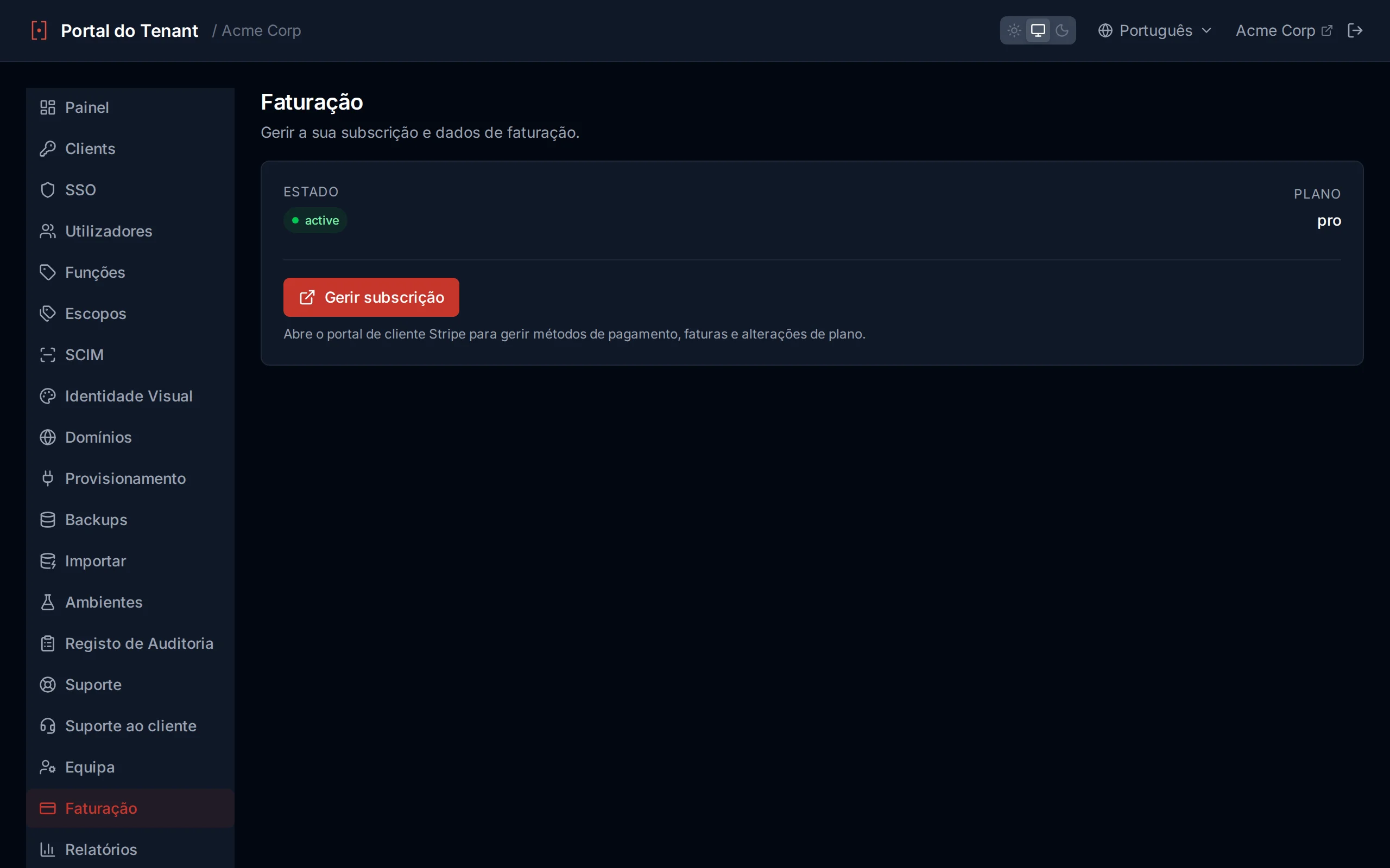 Billing page showing subscription status, plan name, billing period, and Manage Subscription button