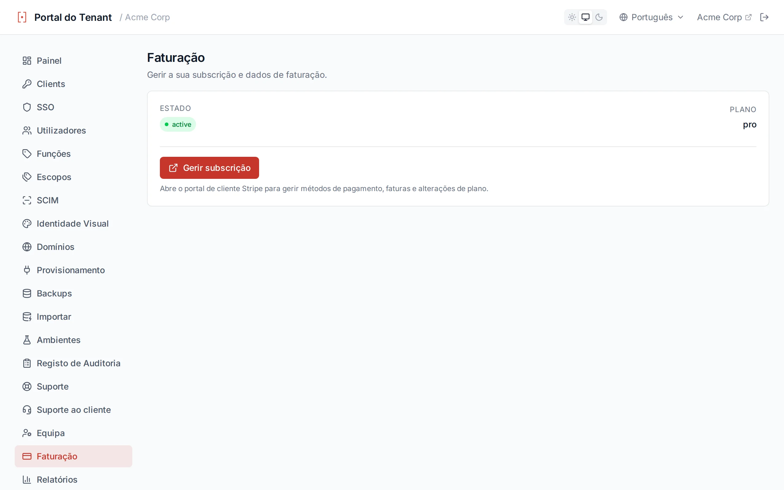 Billing page showing subscription status, plan name, billing period, and Manage Subscription button
