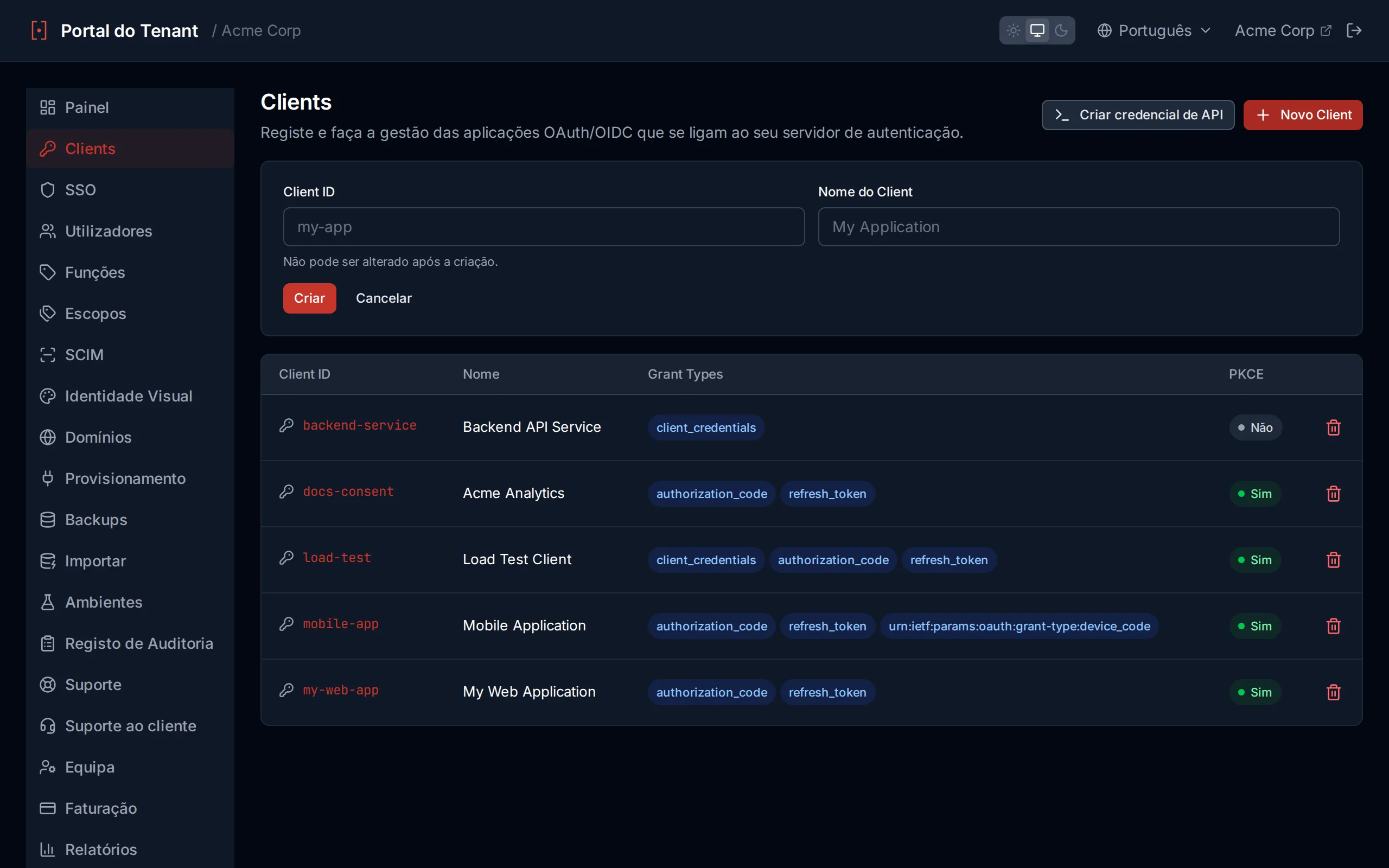 Client creation form with clientId, clientName, and redirect URI fields