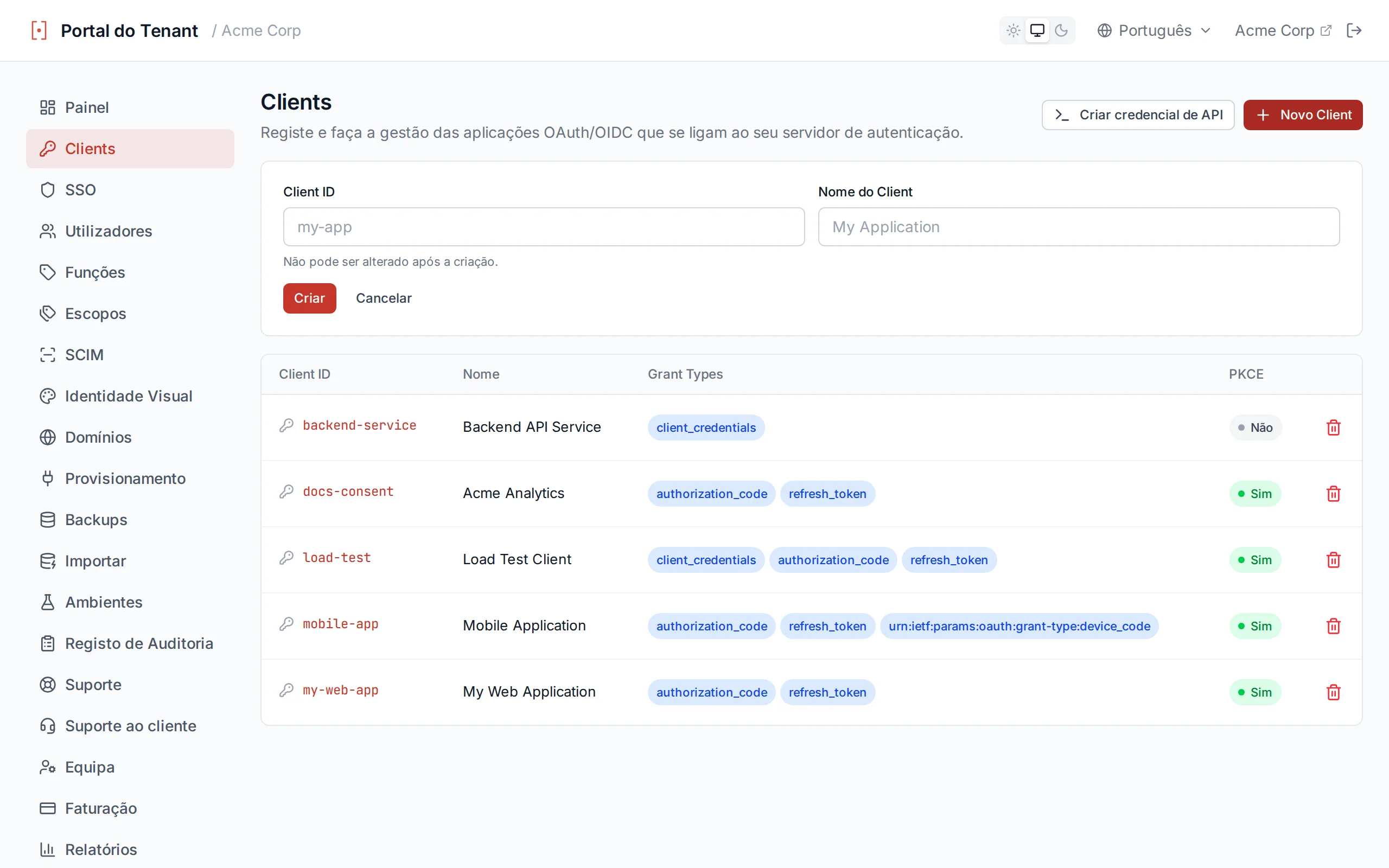 Create client form with clientId and clientName input fields