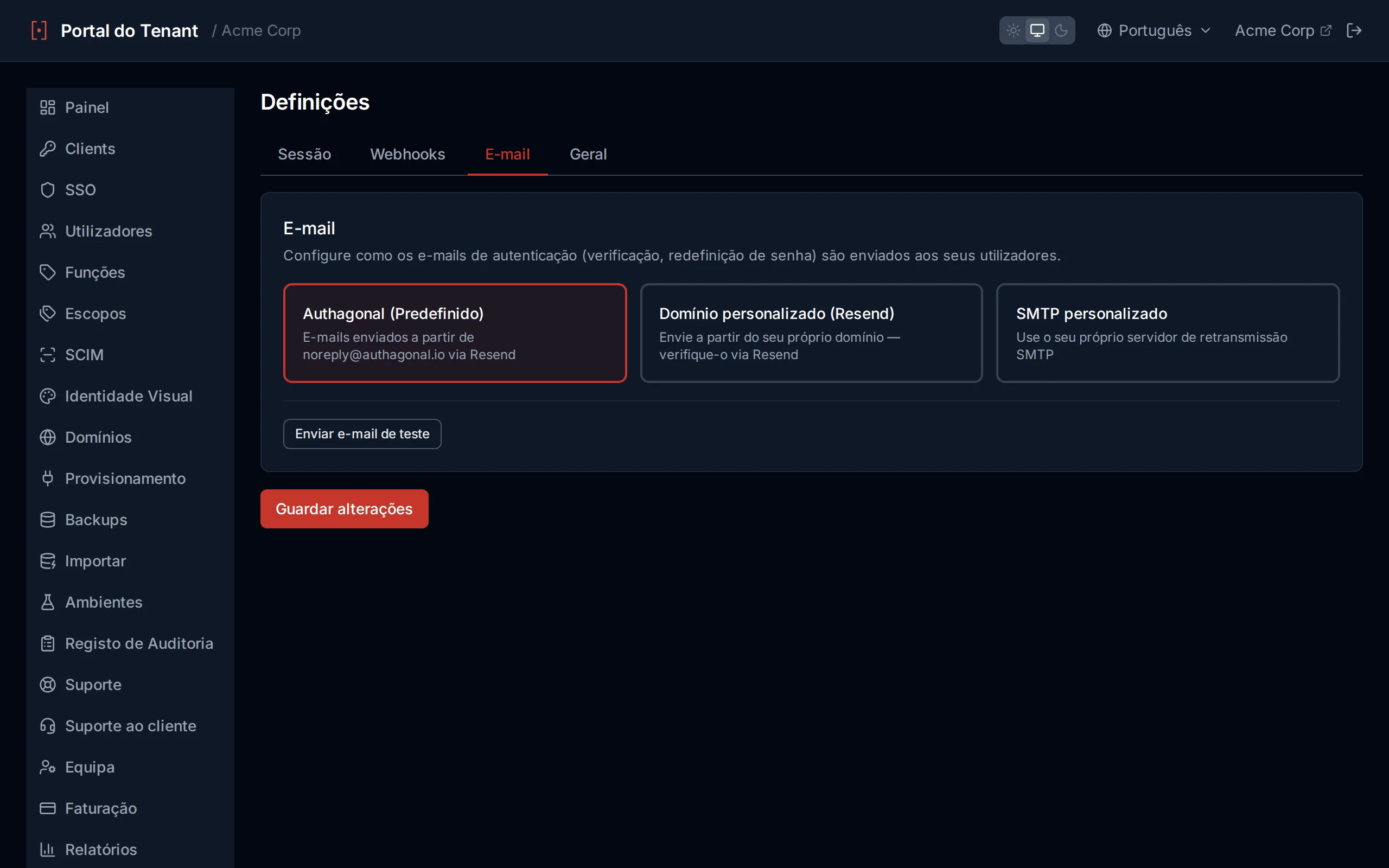 Email settings showing provider options (default, Resend domain, custom SMTP) and a test-send