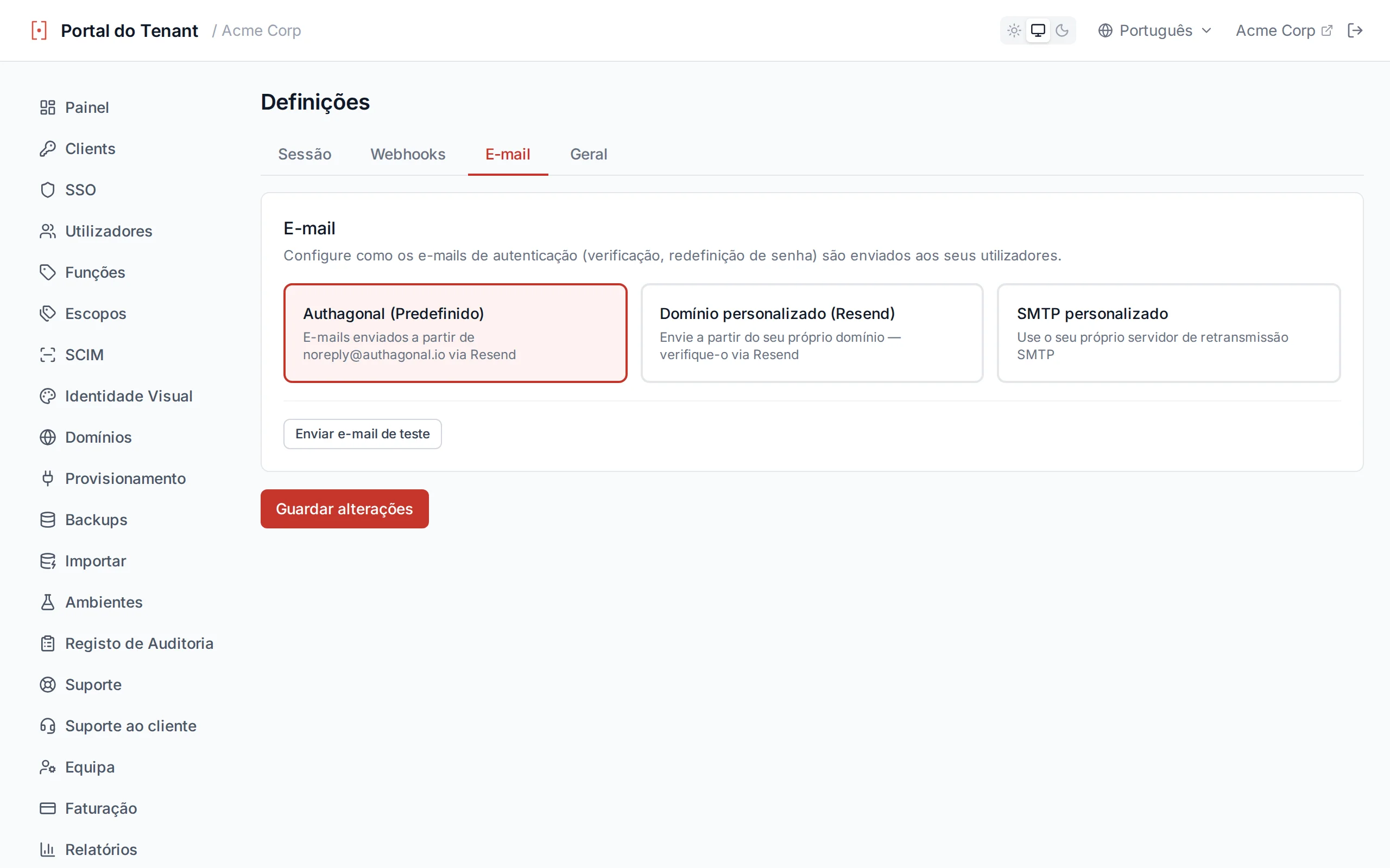 Email settings showing provider options (default, Resend domain, custom SMTP) and a test-send