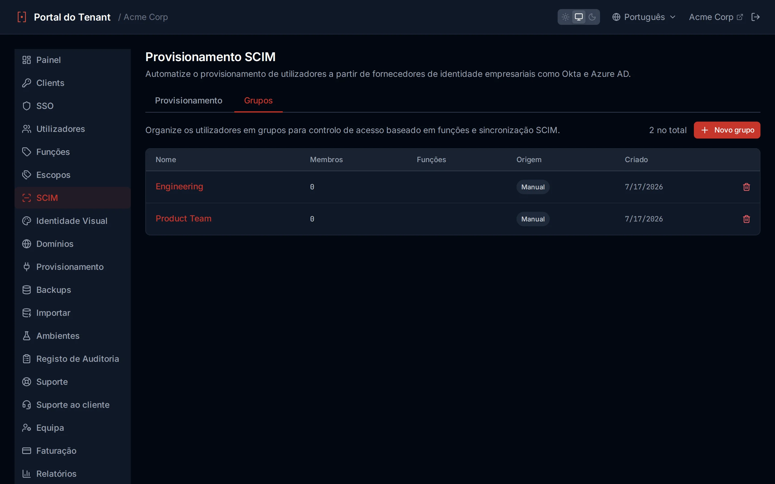 Groups list table showing group name, member count, source badge, and created date