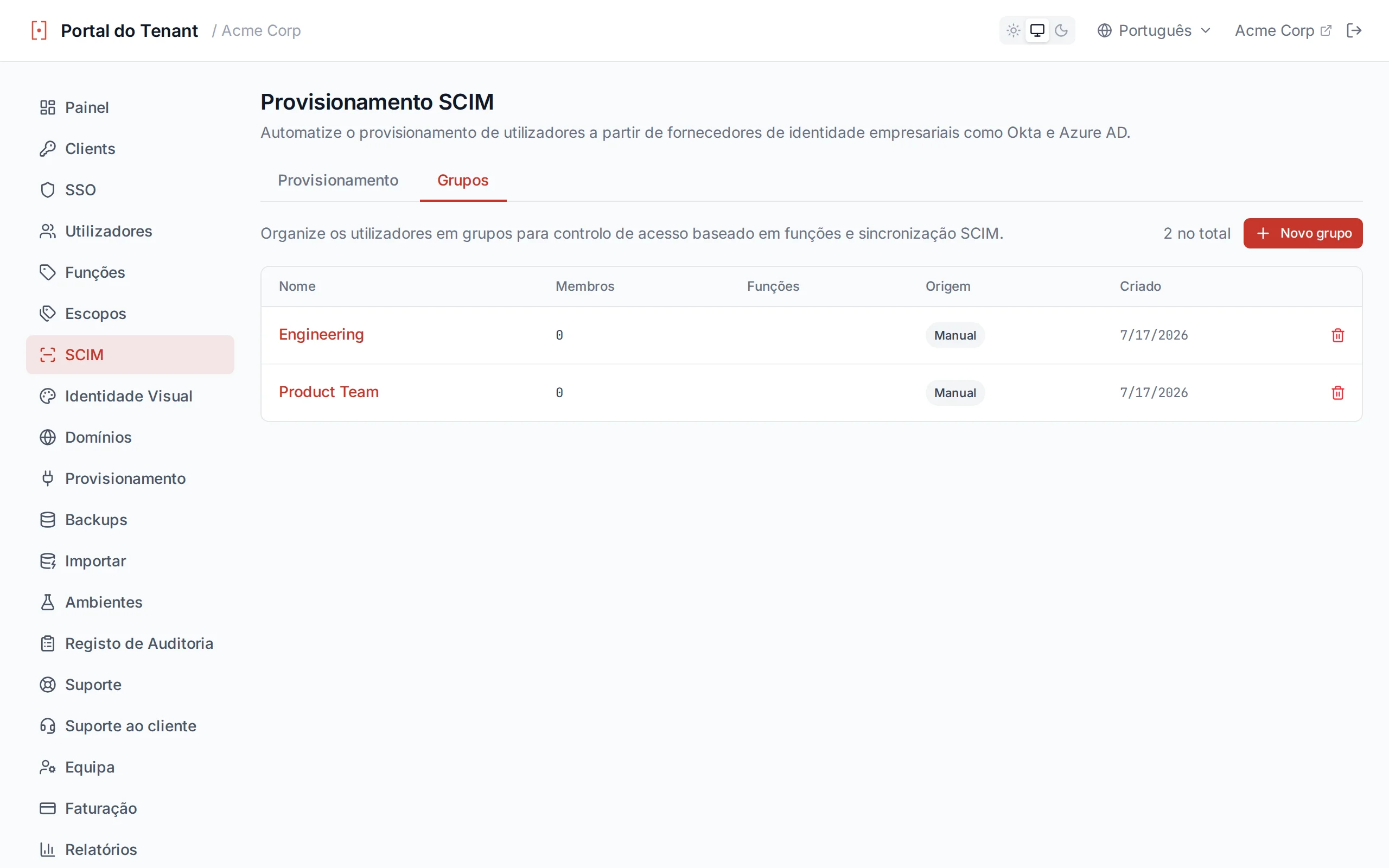 Groups list table showing group name, member count, source badge, and created date