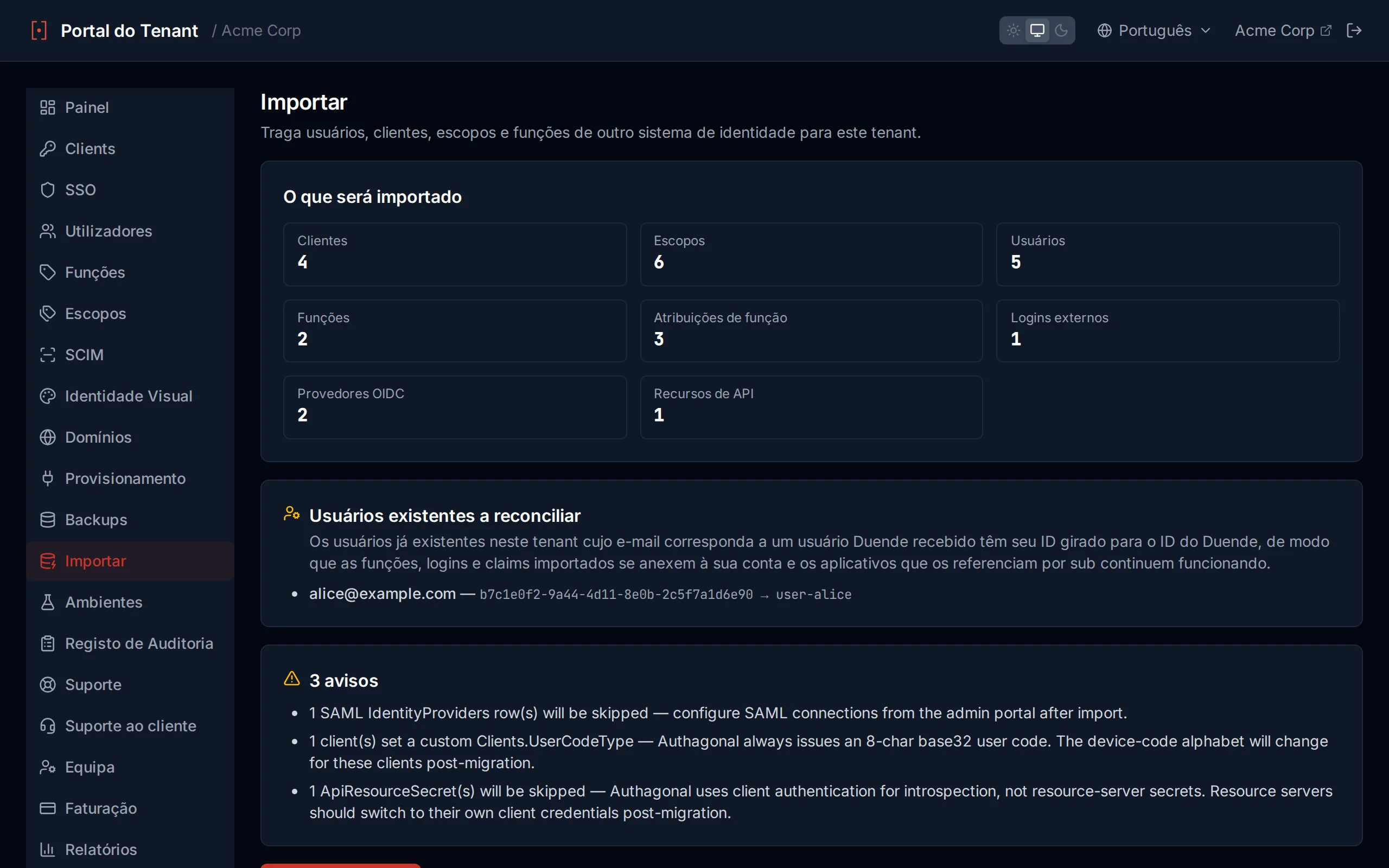 Import preview panel showing entity counts and warnings before committing the import