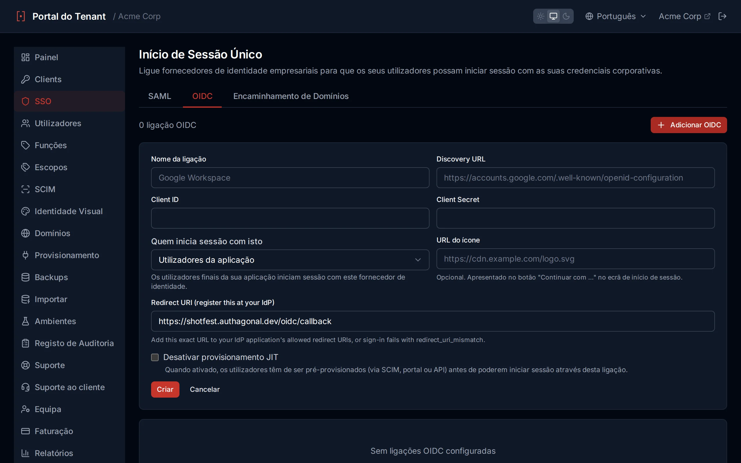 OIDC connection creation form with fields for connection name, discovery URL, client ID, and client secret
