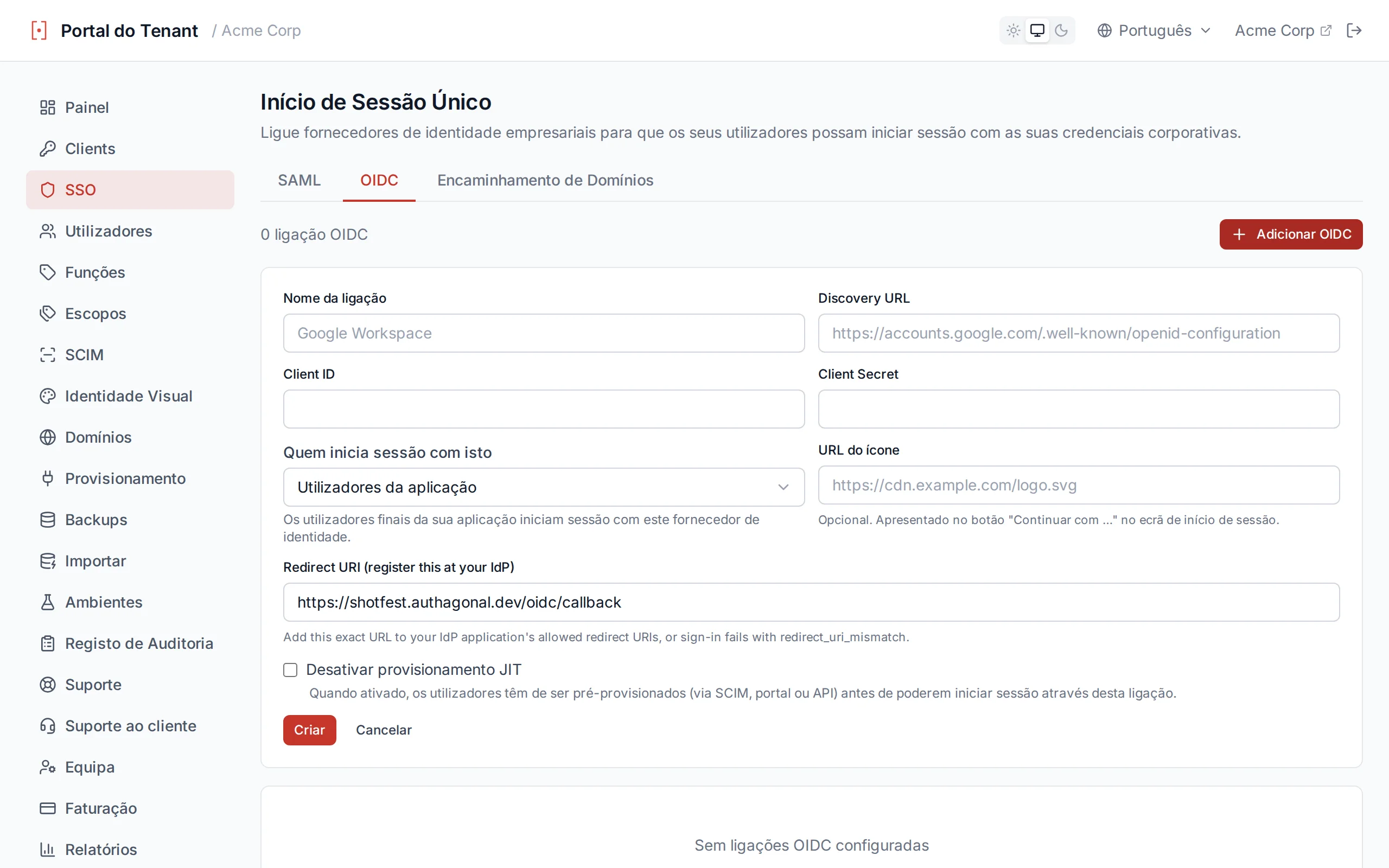 OIDC connection creation form with fields for connection name, discovery URL, client ID, and client secret