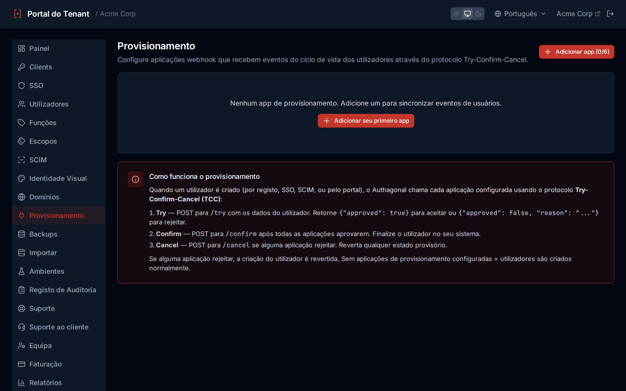 Provisioning apps page showing configured apps with test results displaying HTTP status and response body