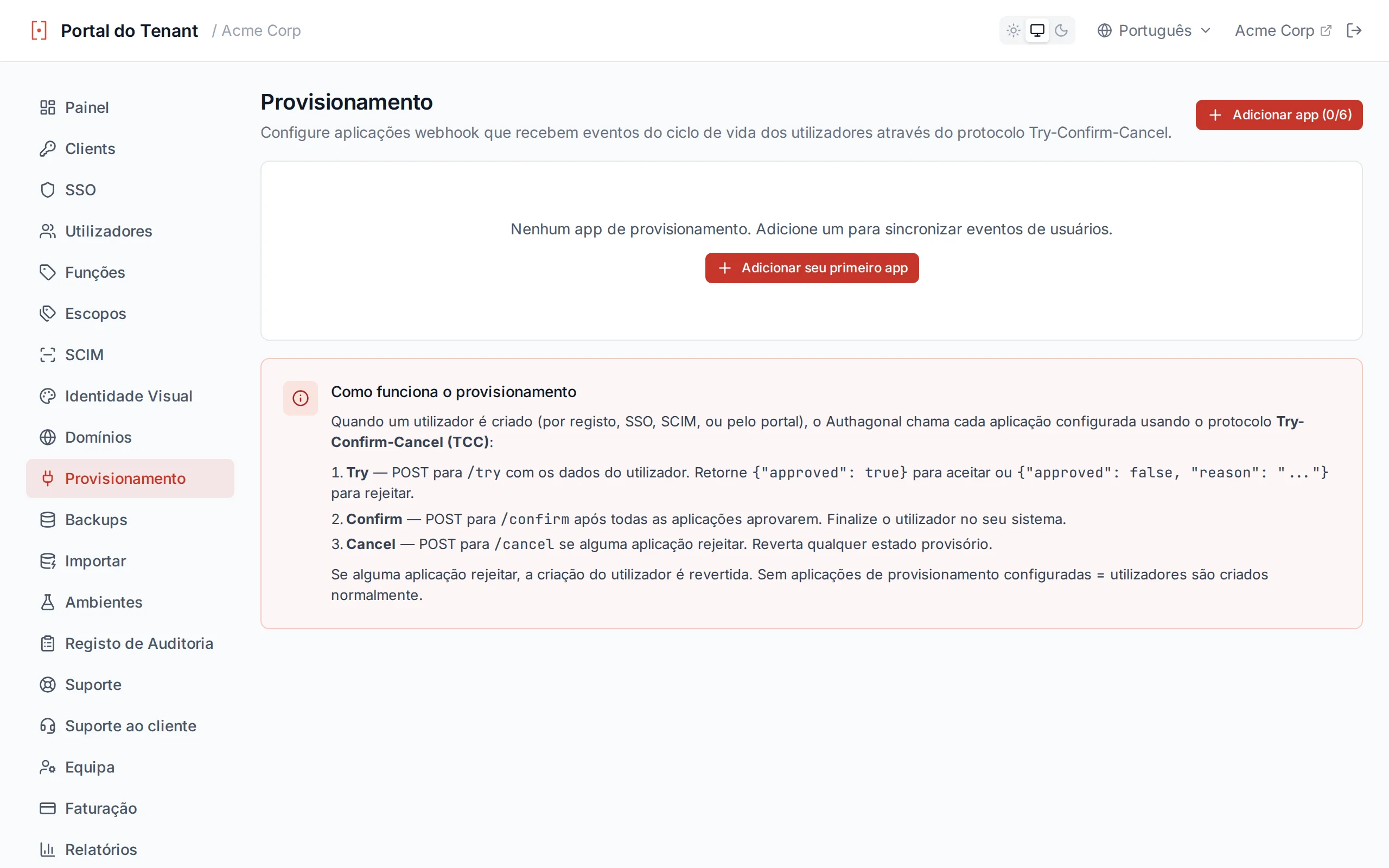 Provisioning apps page showing configured apps with test results displaying HTTP status and response body