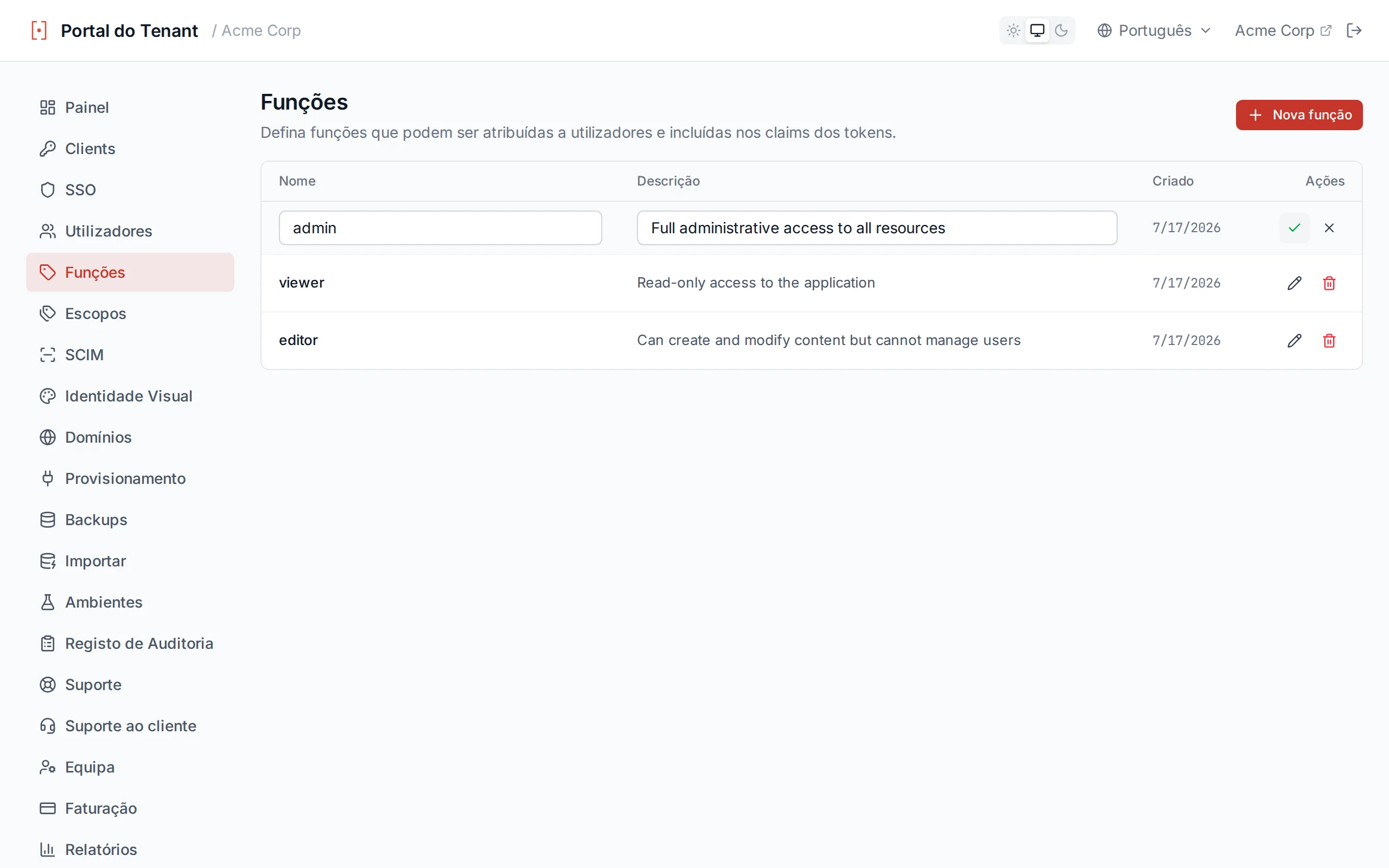 Roles table with inline editing active, showing editable name and description fields with save and cancel icons