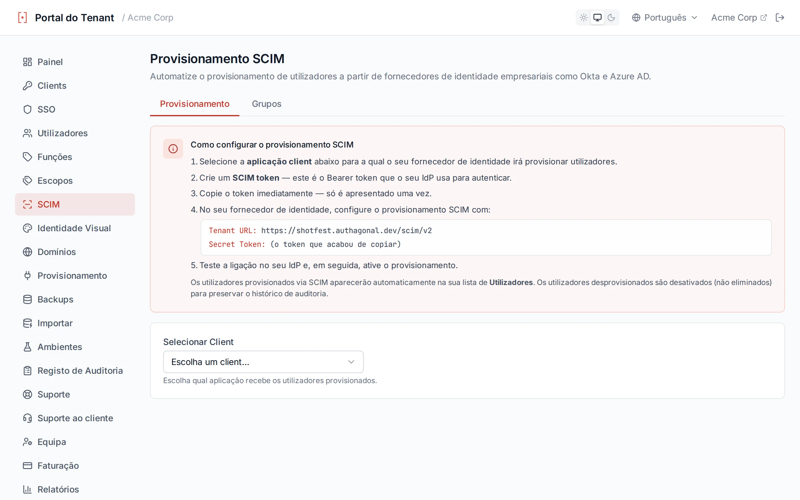 SCIM token list showing active and revoked tokens with description, expiry date, and revoke button