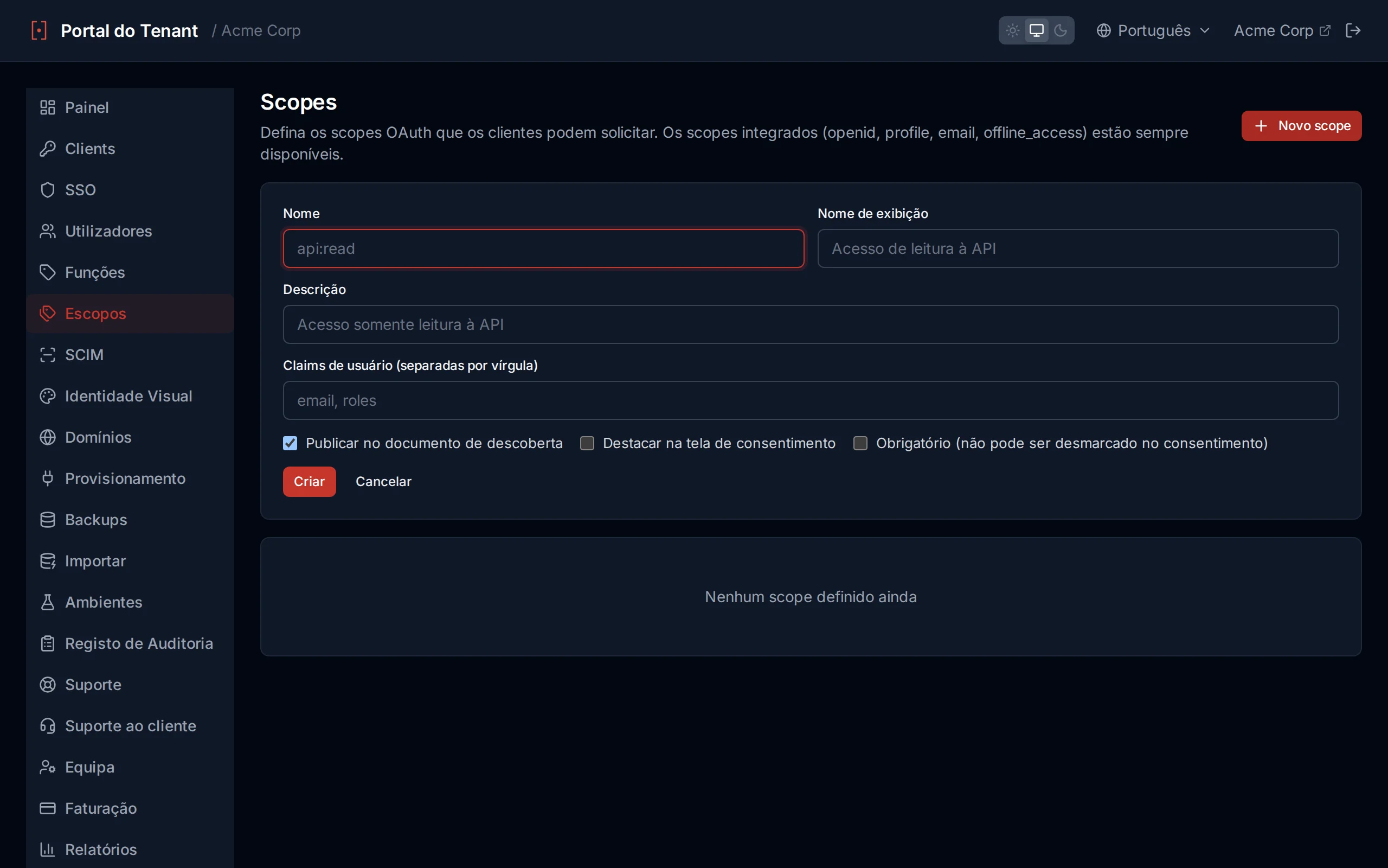Custom scope creation form with name, display name, description and User Claims fields