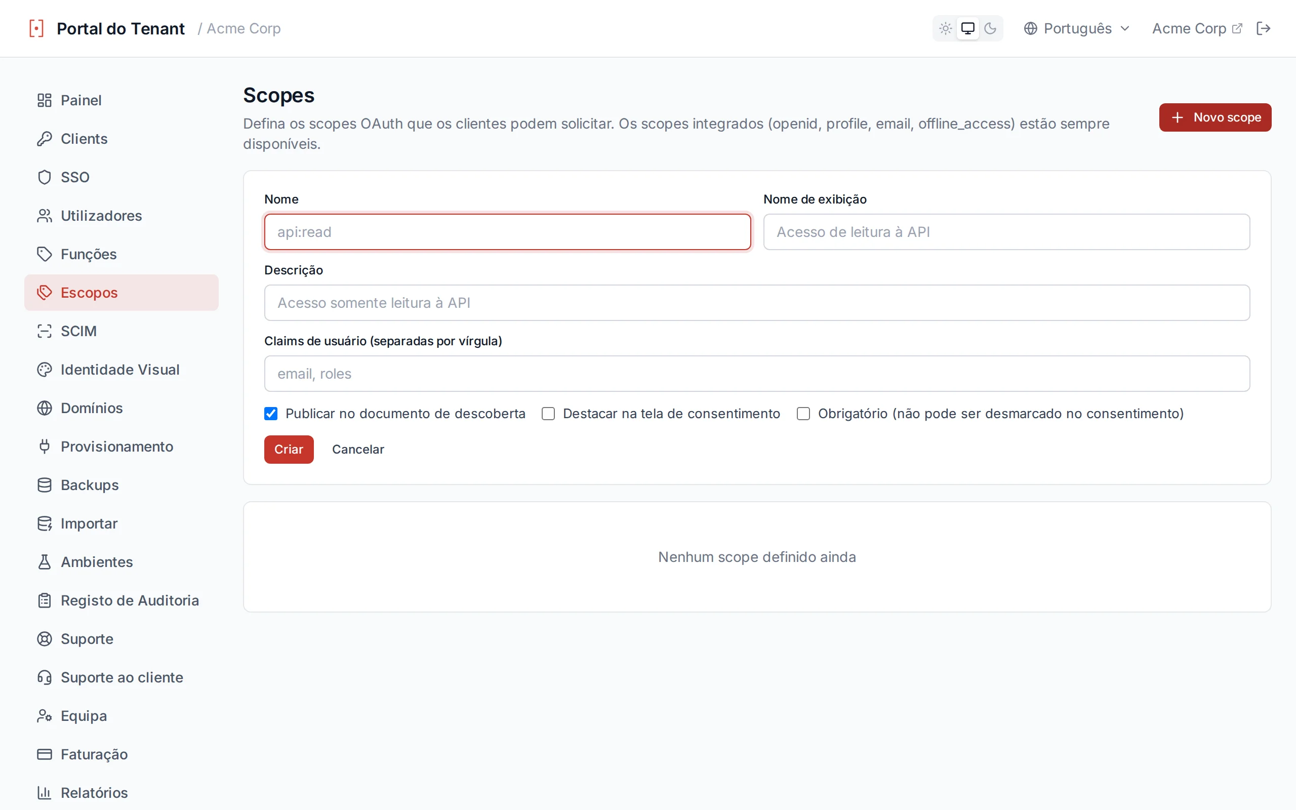 Custom scope creation form with name, display name, description and User Claims fields