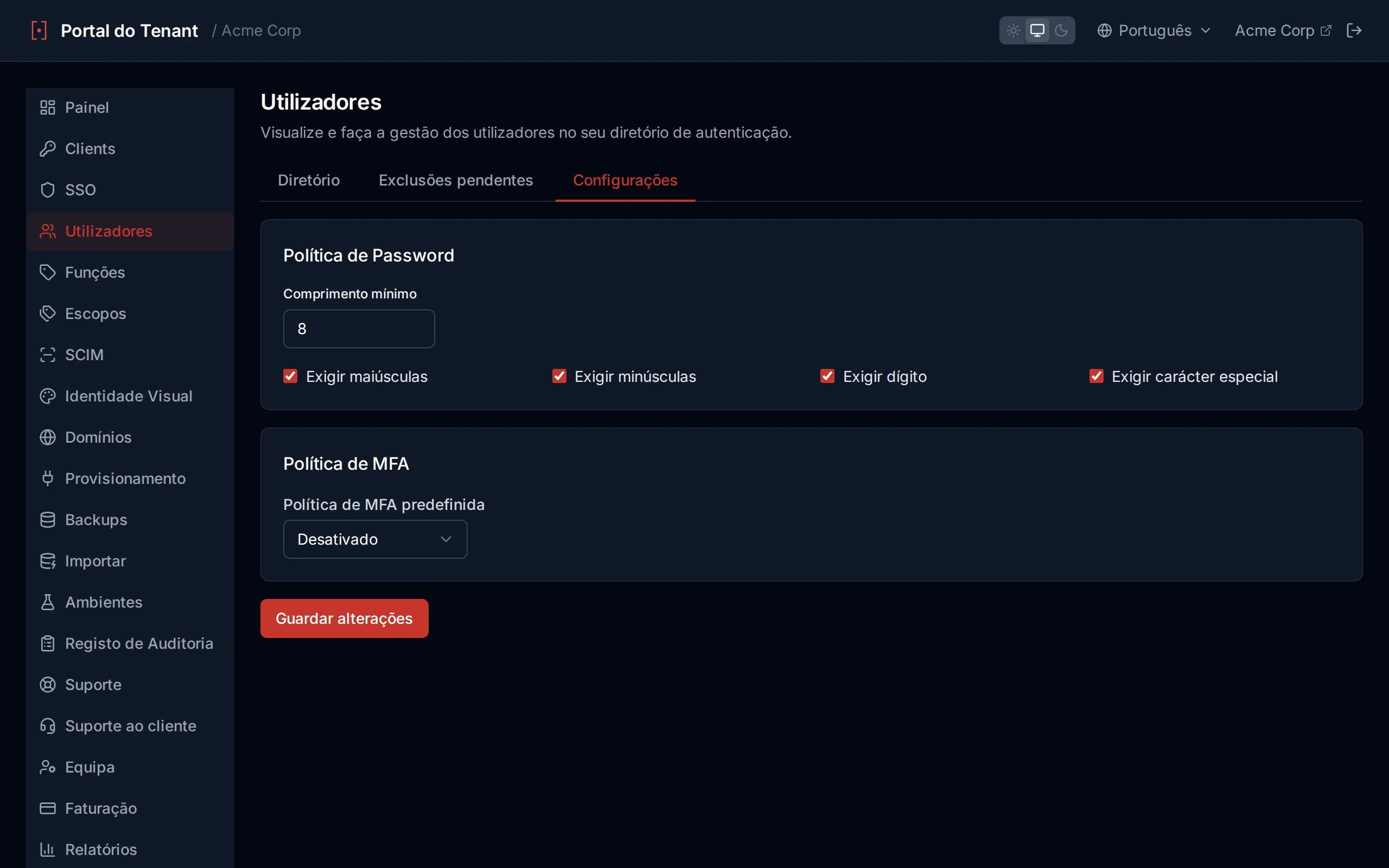 Password policy settings showing minimum length slider and toggle switches for character requirements