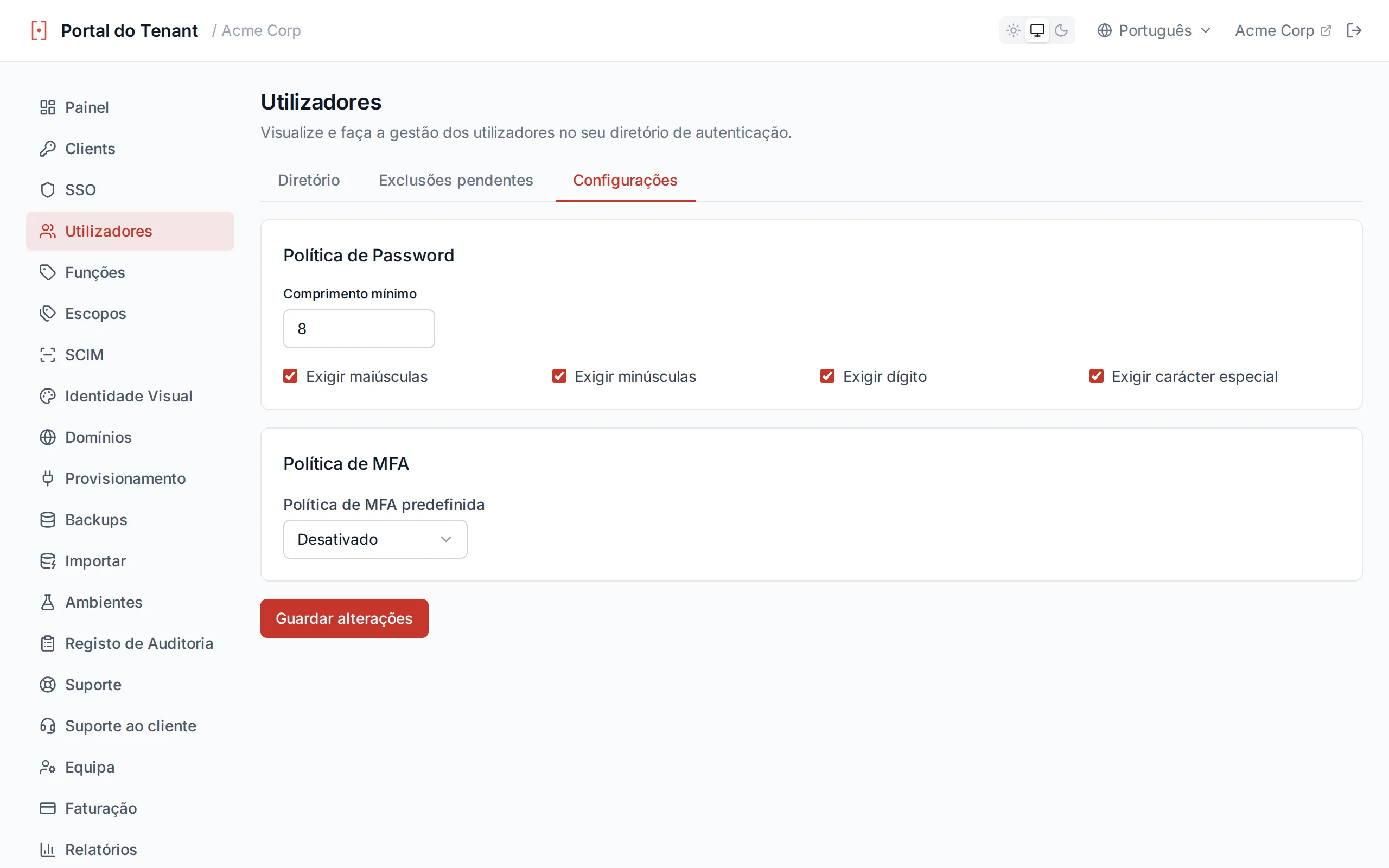 Password policy settings showing minimum length slider and toggle switches for character requirements