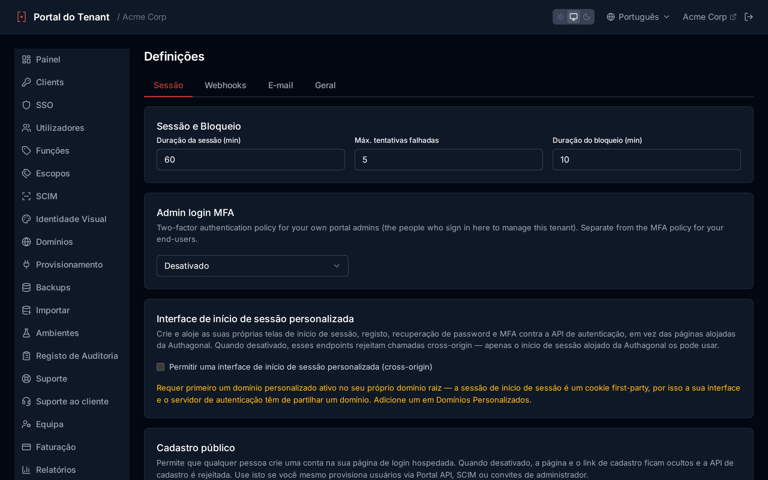 Session and lockout settings with numeric inputs for session lifetime, max failed attempts, and lockout duration