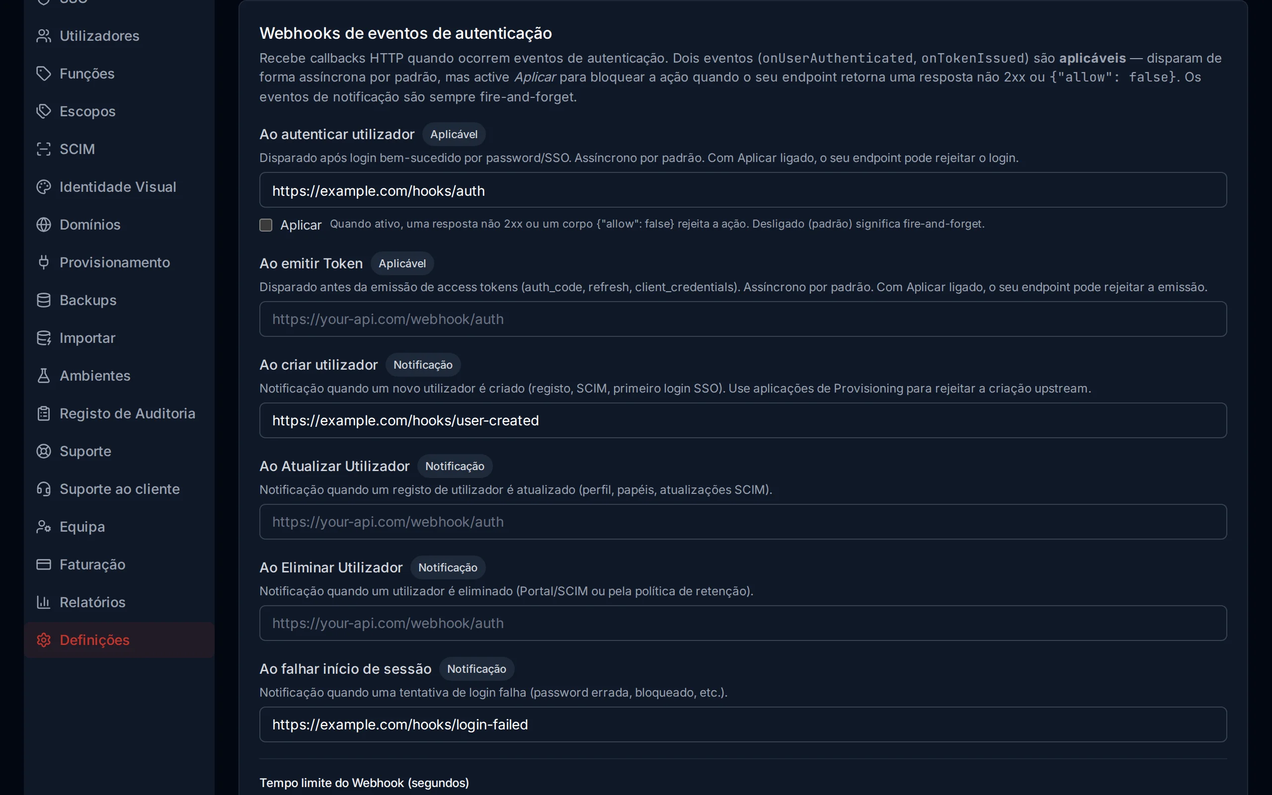 Webhook configuration section showing URL inputs for each event type, timeout slider, and fail-open toggle