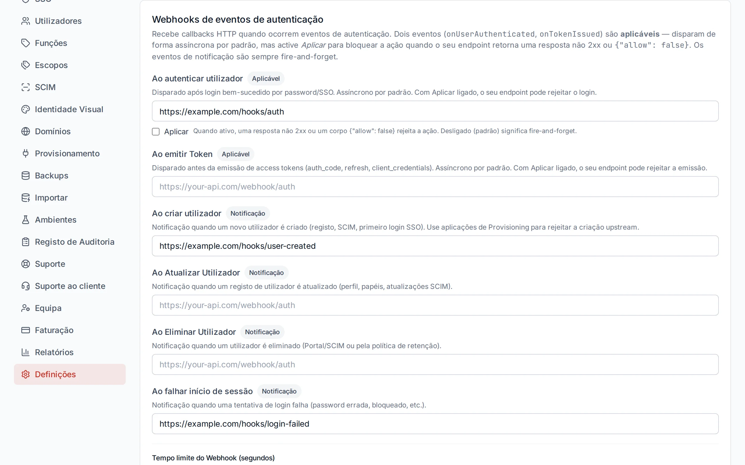 Webhook configuration section showing URL inputs for each event type, timeout slider, and fail-open toggle