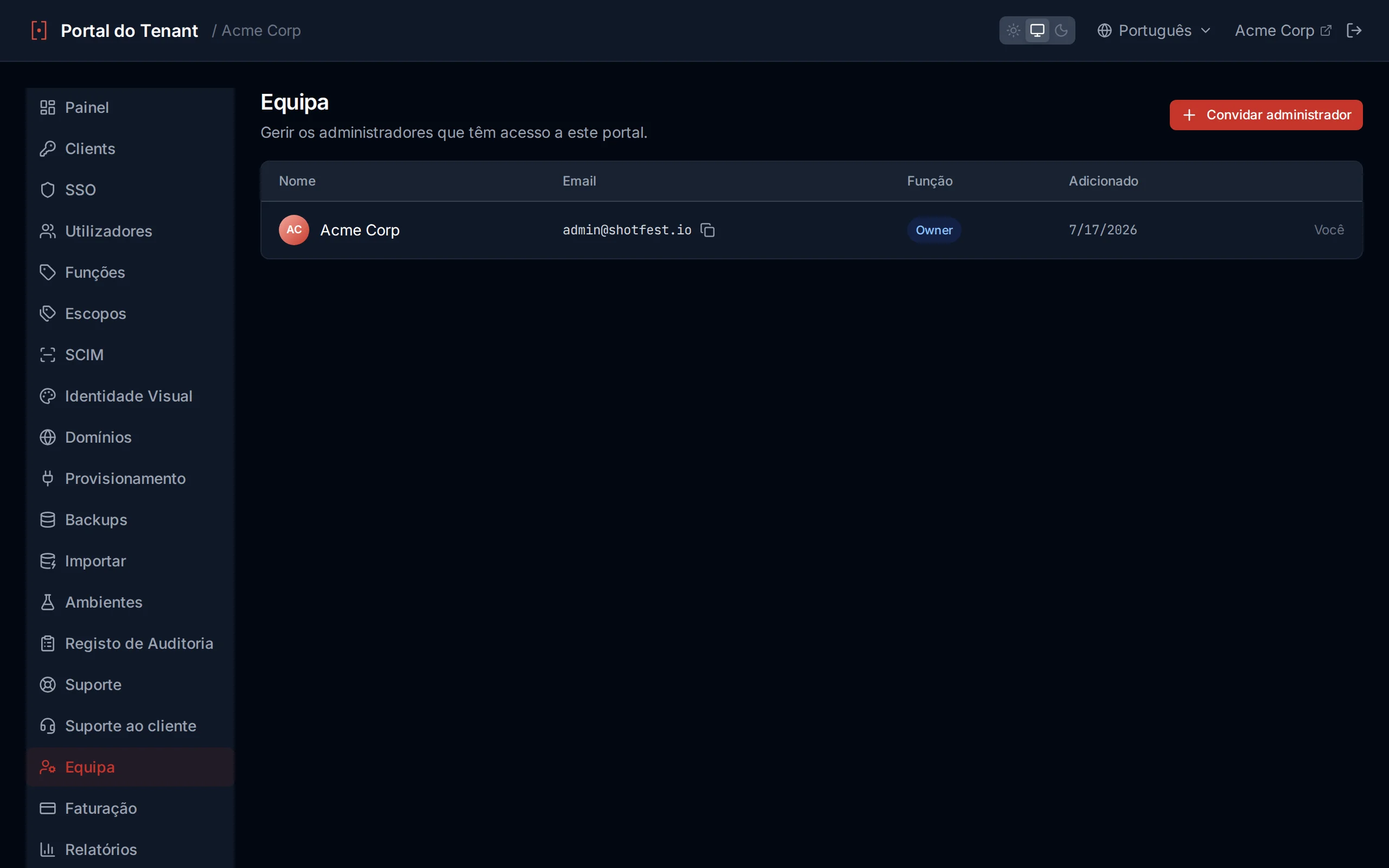 Team page showing the admin list with name, email, date added columns, a You indicator, and invite/remove controls