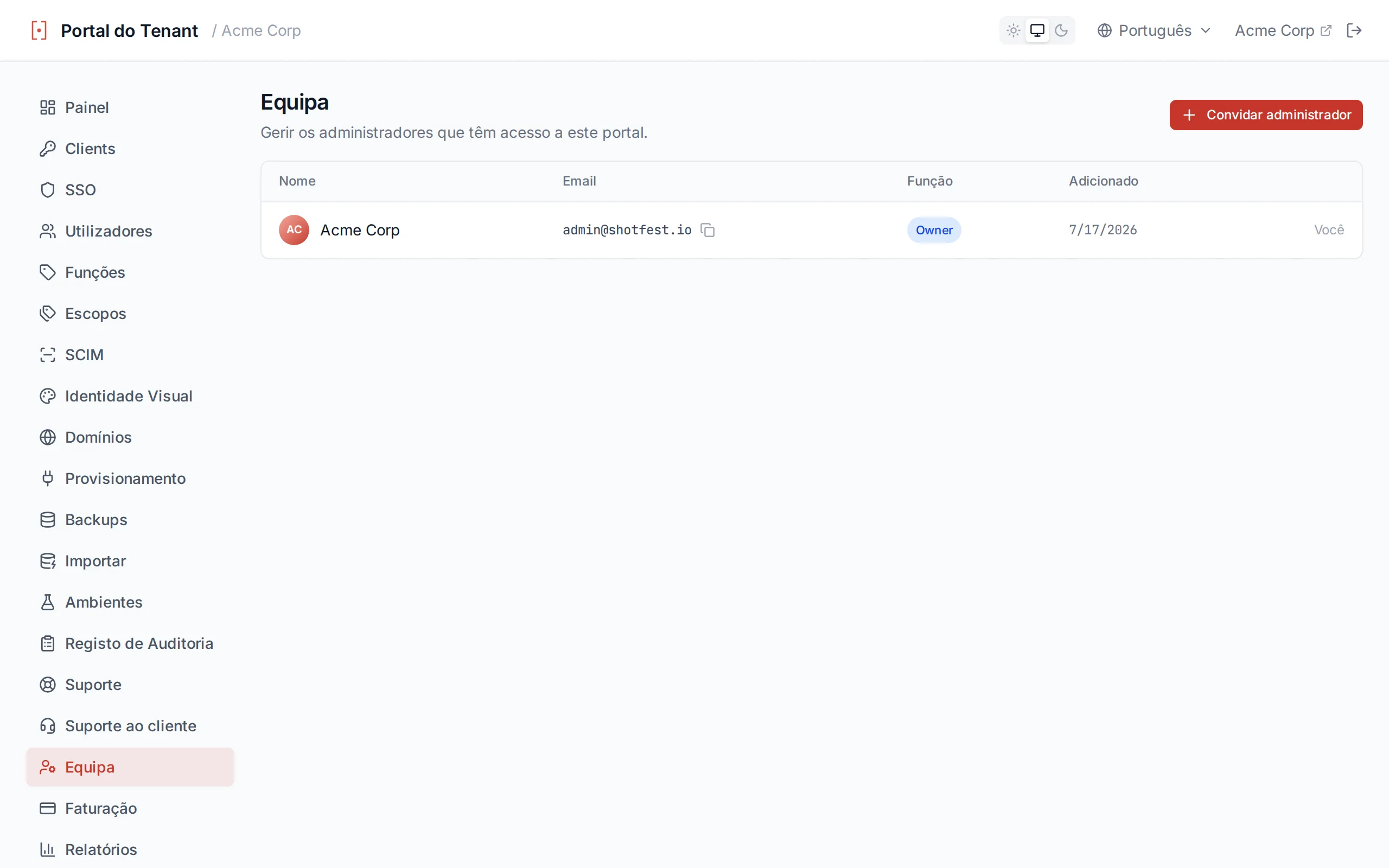 Team page showing the admin list with name, email, date added columns, a You indicator, and invite/remove controls