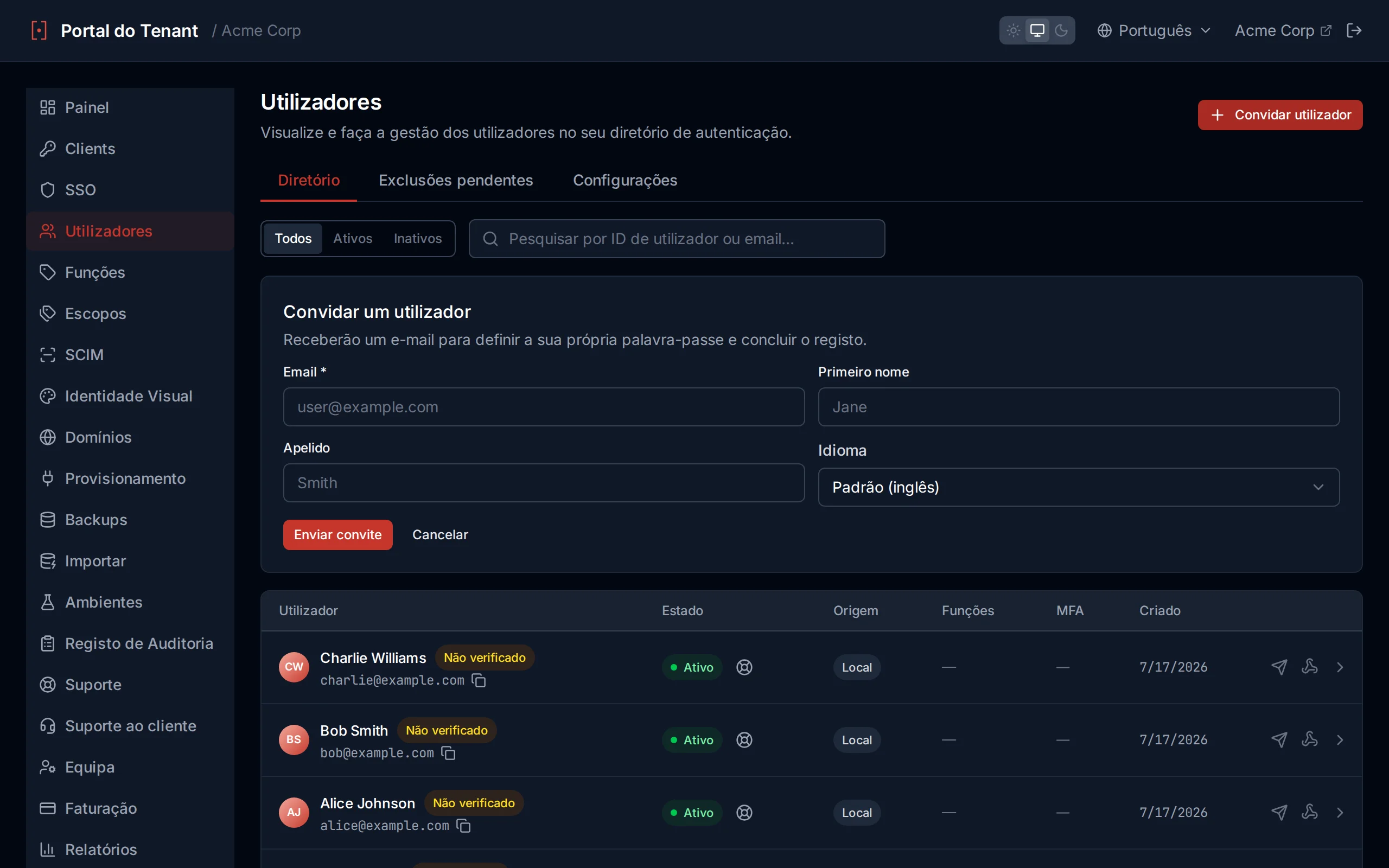 Create user form with email, password, first name, last name, and preferred Language fields