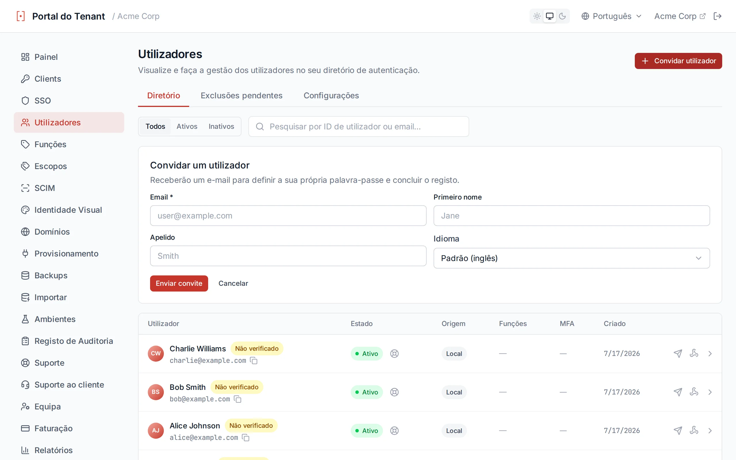 Create user form with email, password, first name, last name, and preferred Language fields