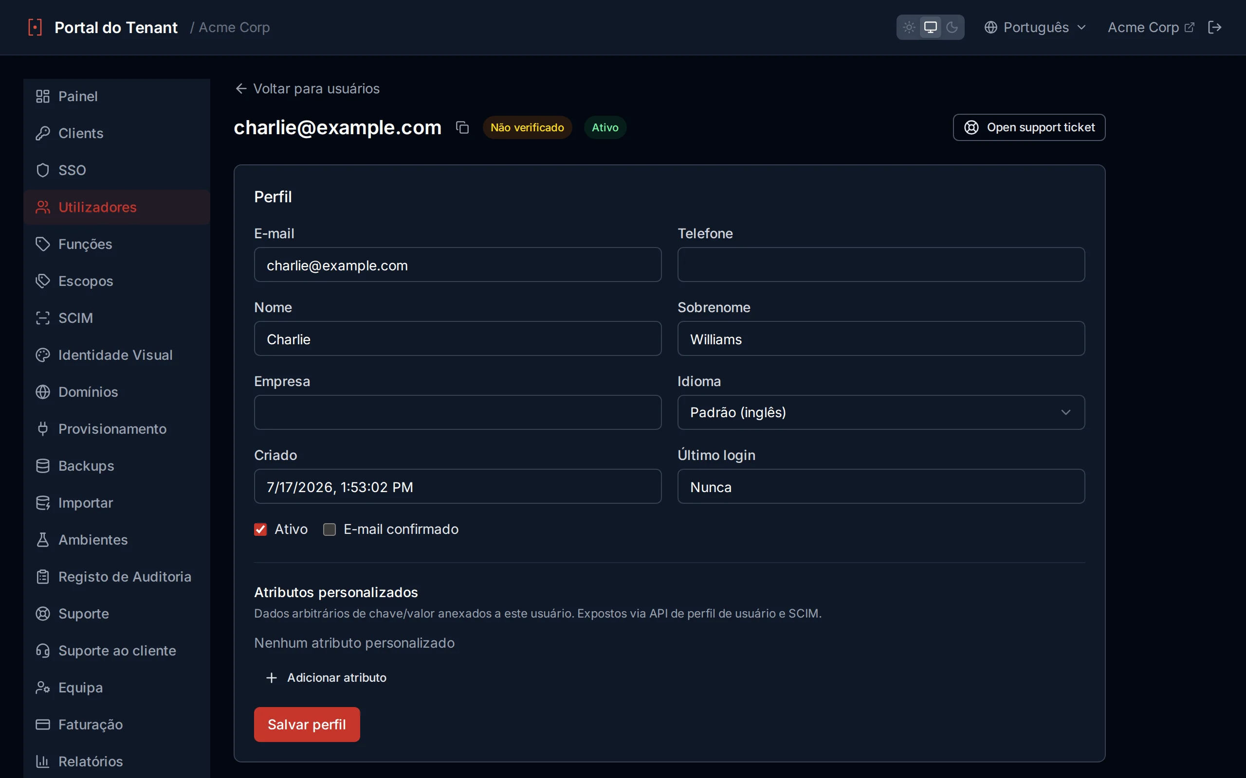 User detail edit form with profile fields including a preferred Language selector