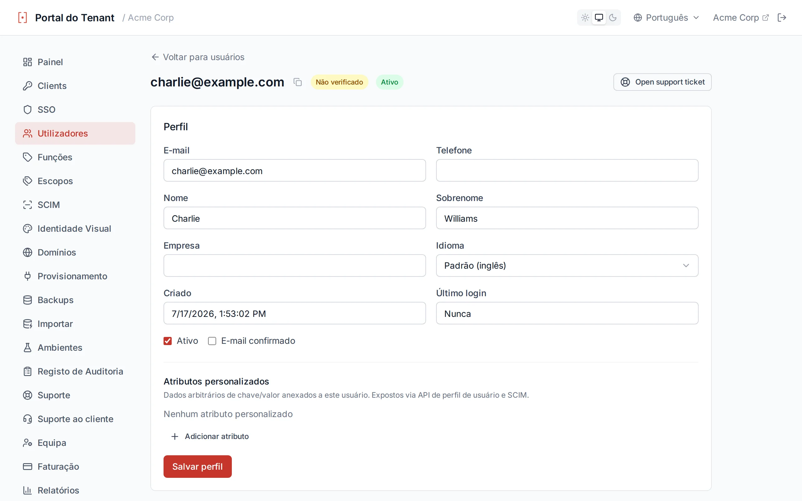 User detail edit form with profile fields including a preferred Language selector