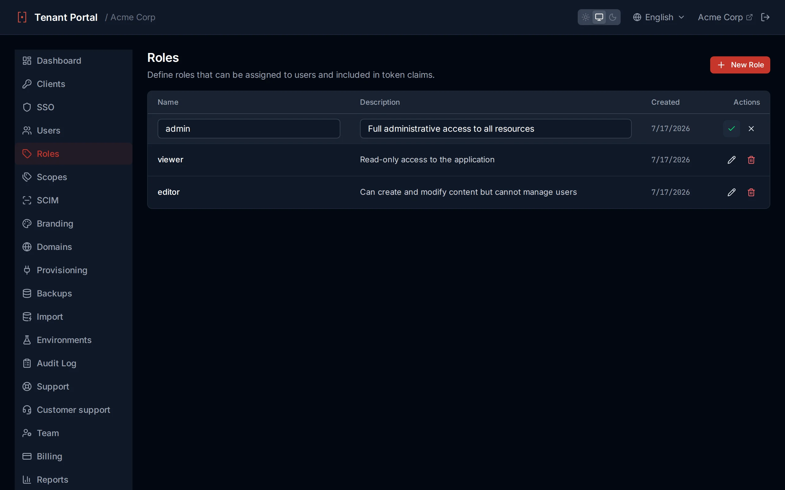 Roles table with inline editing active, showing editable name and description fields with save and cancel icons