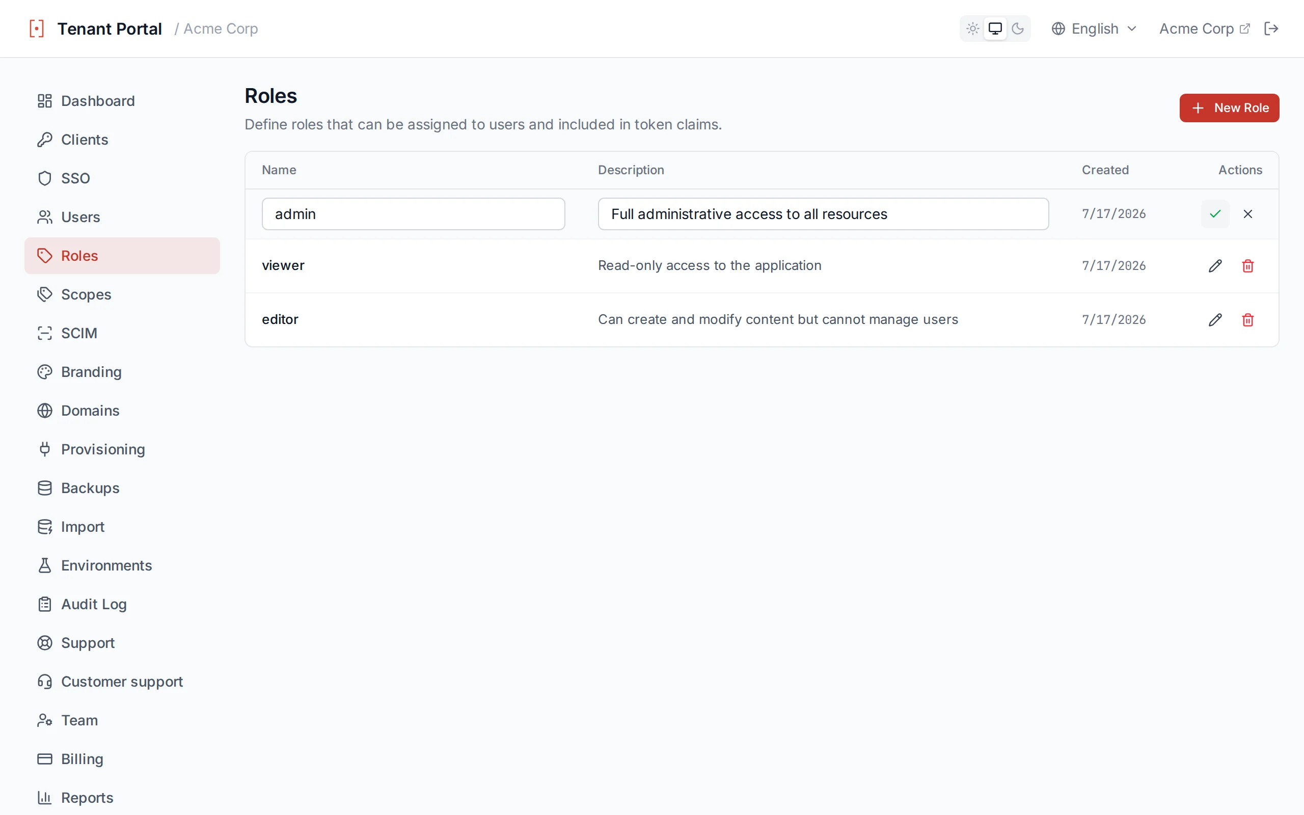 Roles table with inline editing active, showing editable name and description fields with save and cancel icons