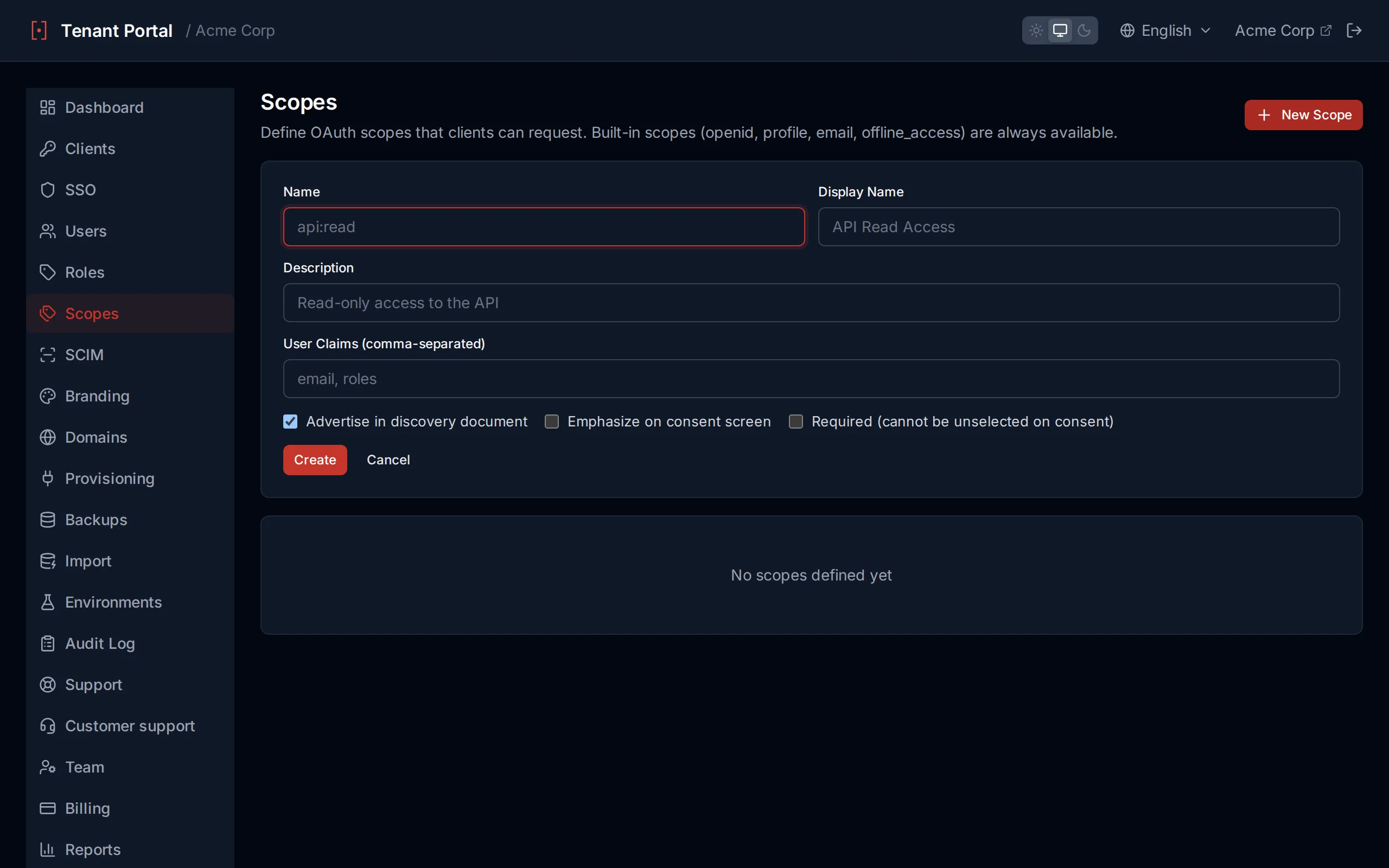 Custom scope creation form with name, display name, description and User Claims fields