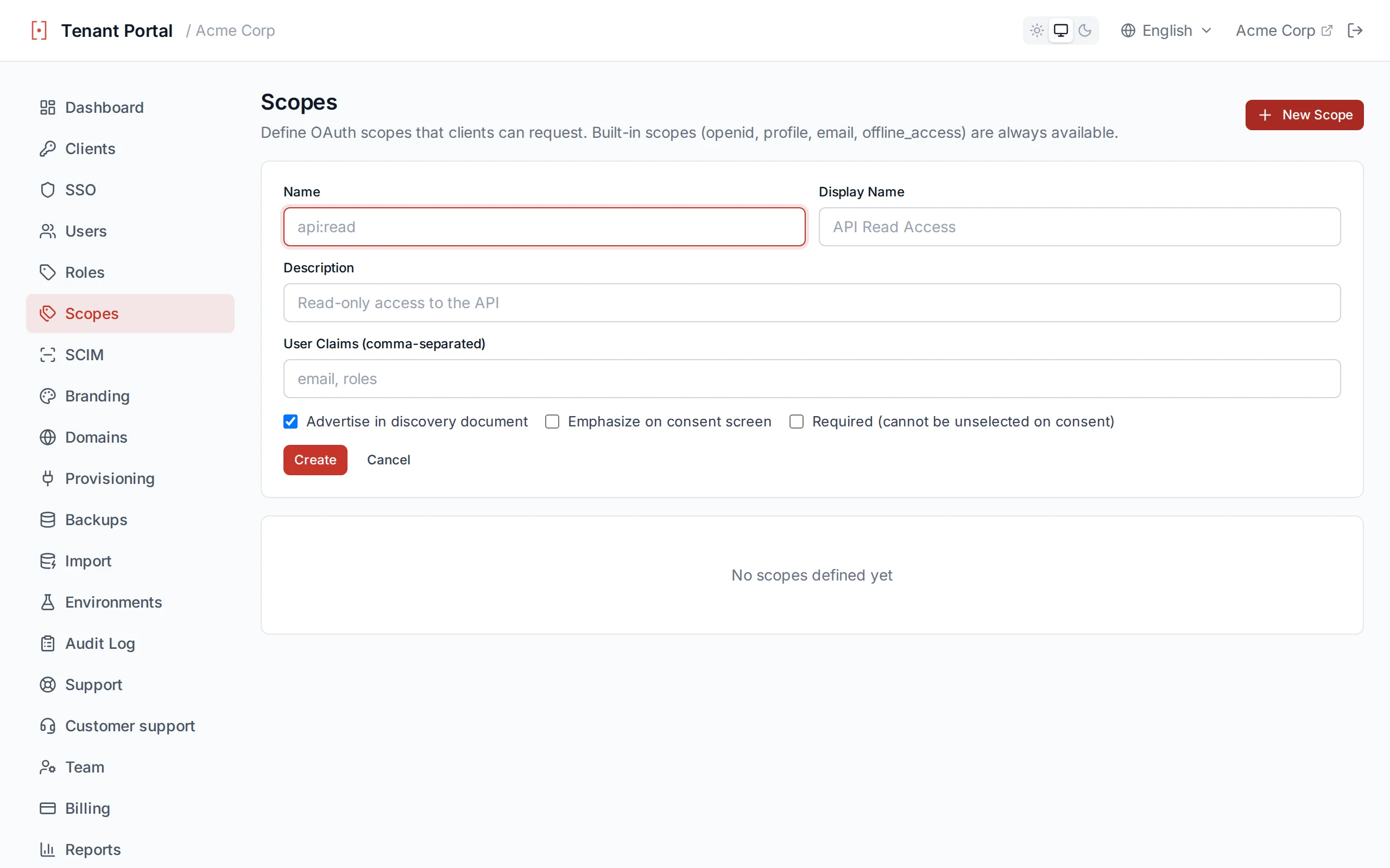Custom scope creation form with name, display name, description and User Claims fields
